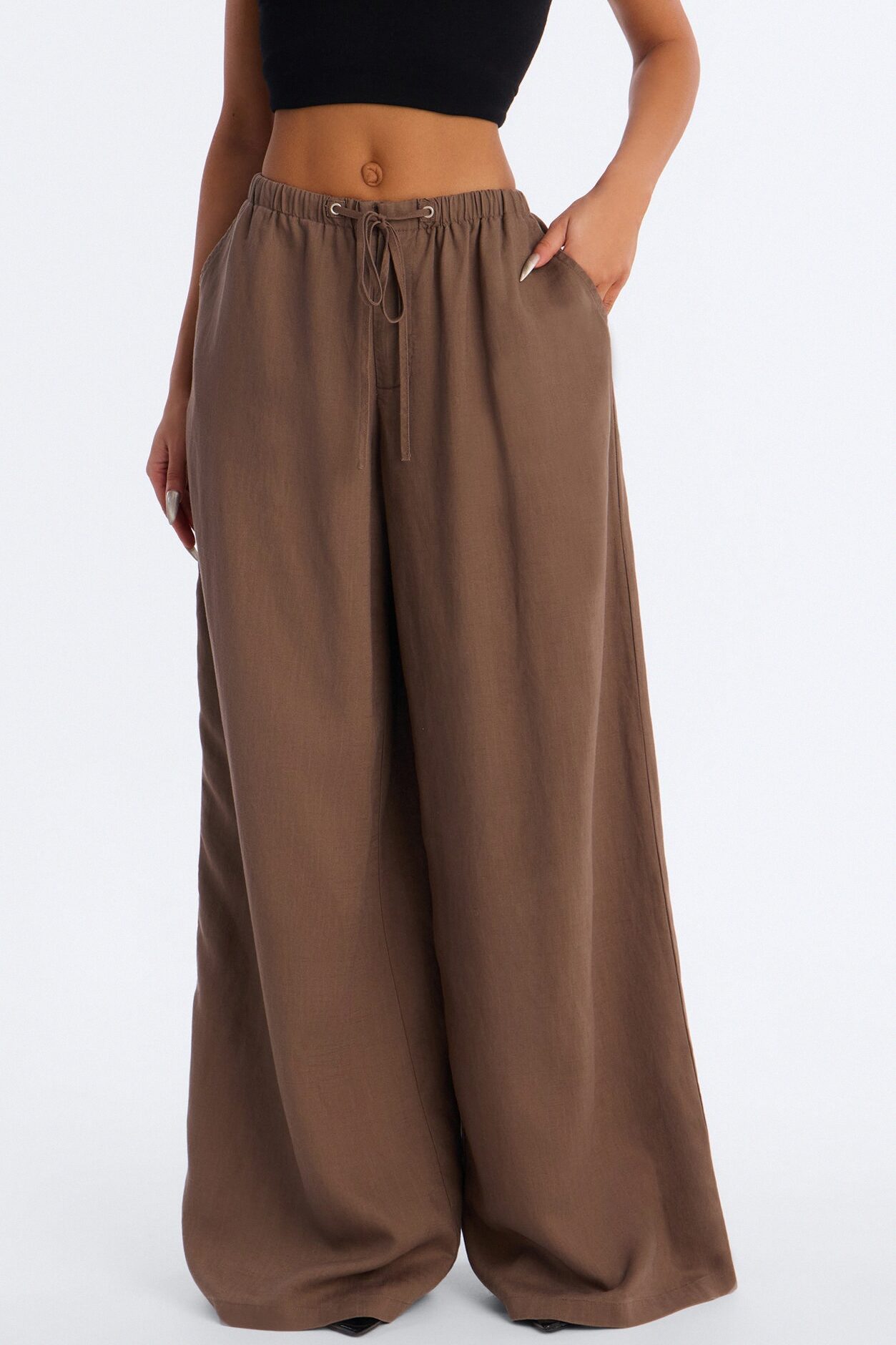 Heat Wave Linen Wide Leg Drawstring Pant - Caffe
