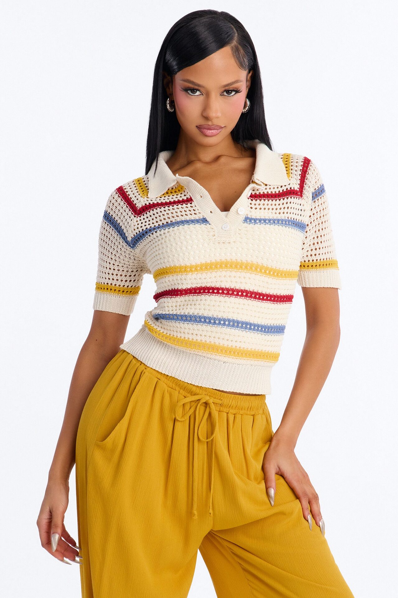 Clear Skies Crochet Polo Top - Natural/Combo