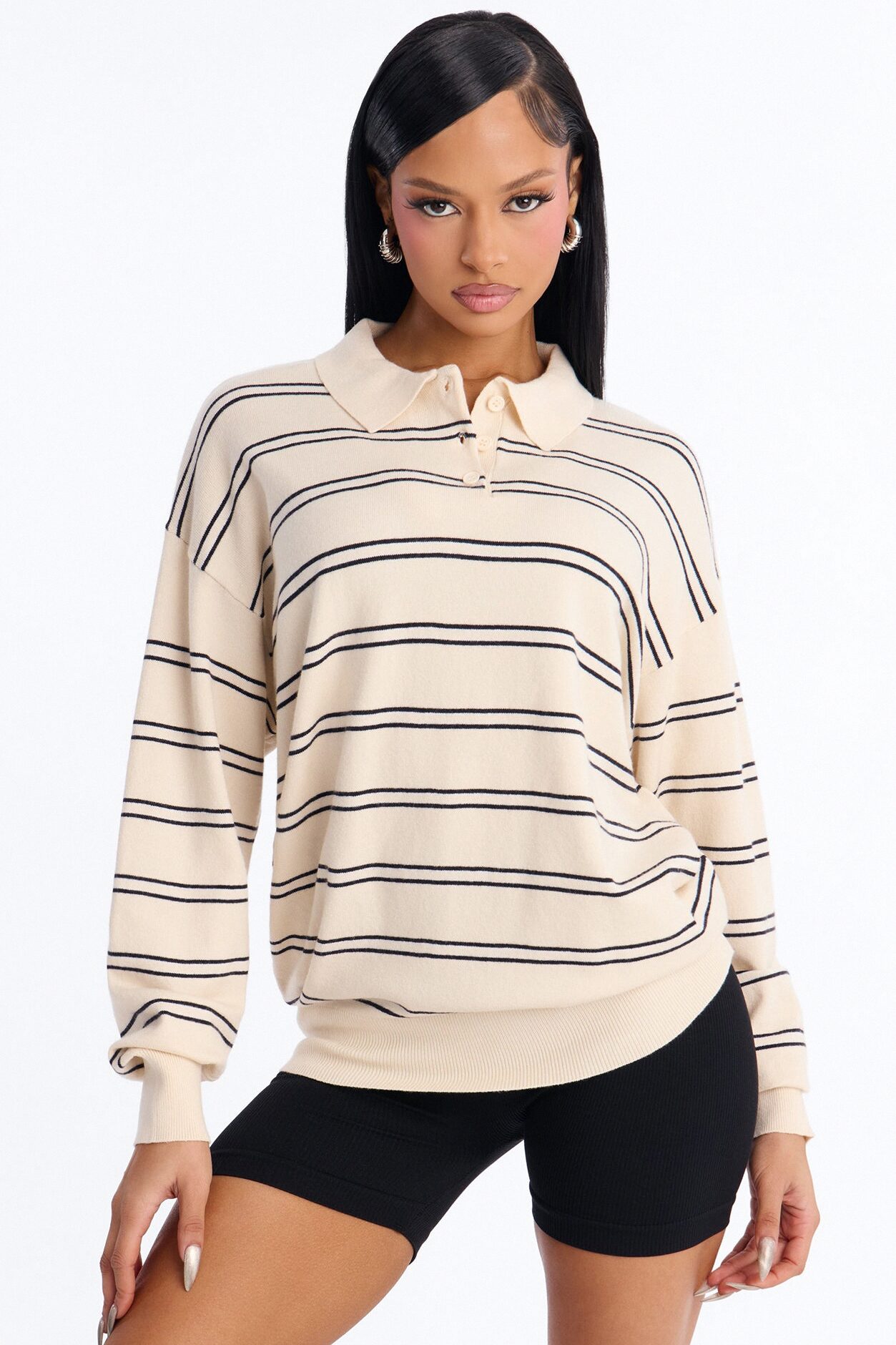 Diana Striped Long Sleeve Polo Sweater - Cream/combo