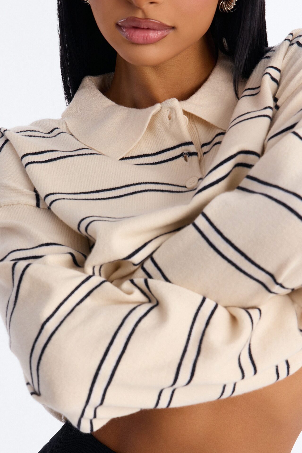 Diana Striped Long Sleeve Polo Sweater - Cream/combo