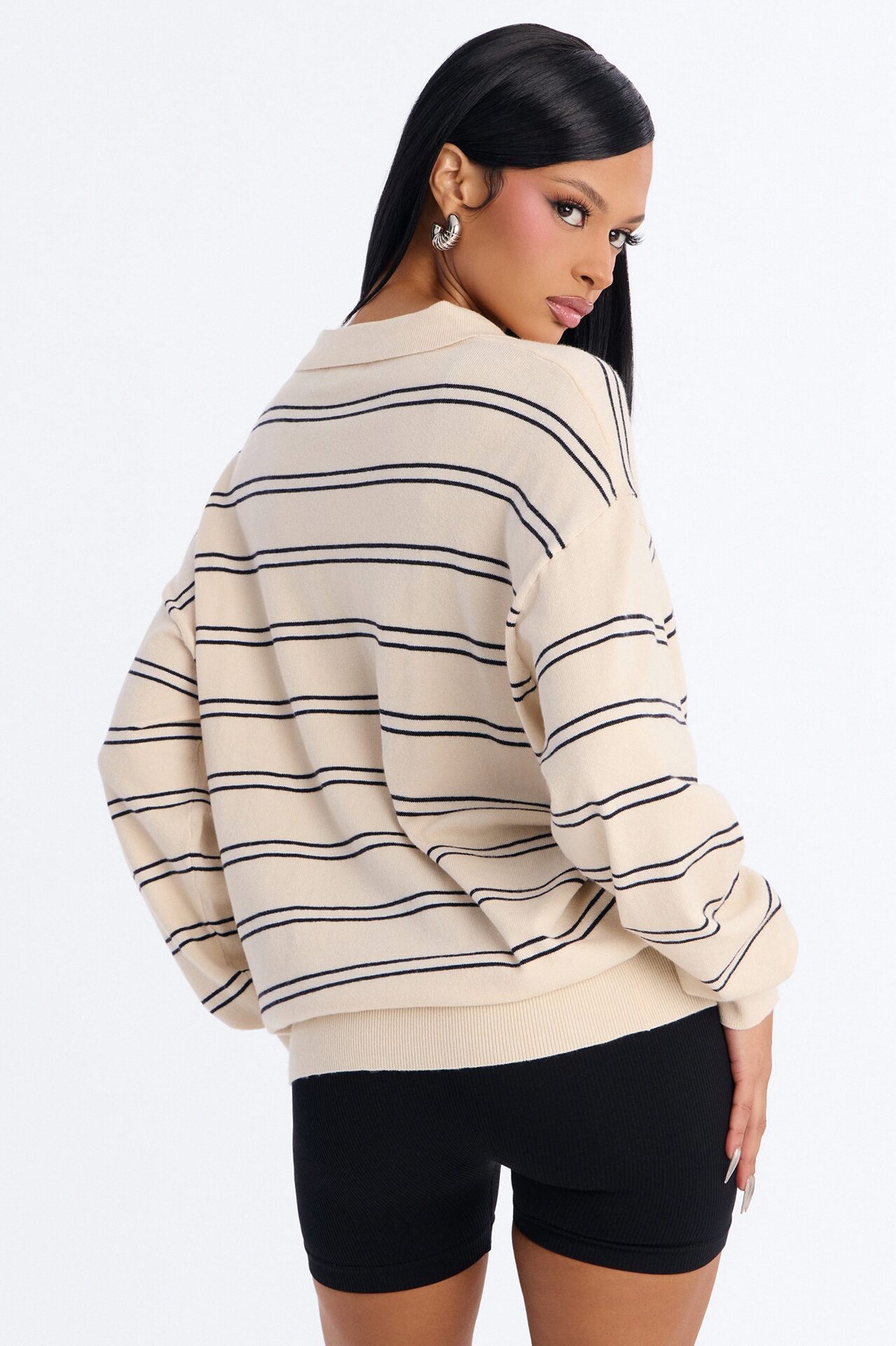 Diana Striped Long Sleeve Polo Sweater - Cream/combo