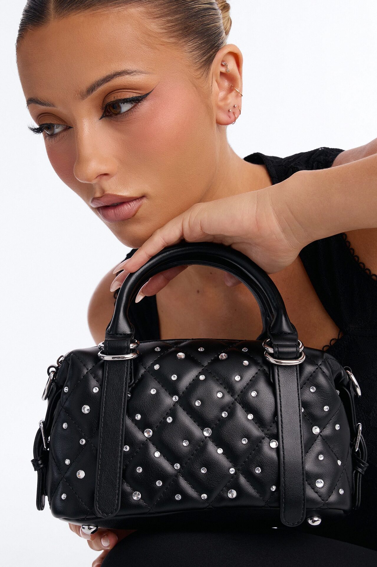Rain Drops Faux Leather Satchel Handbag - Black