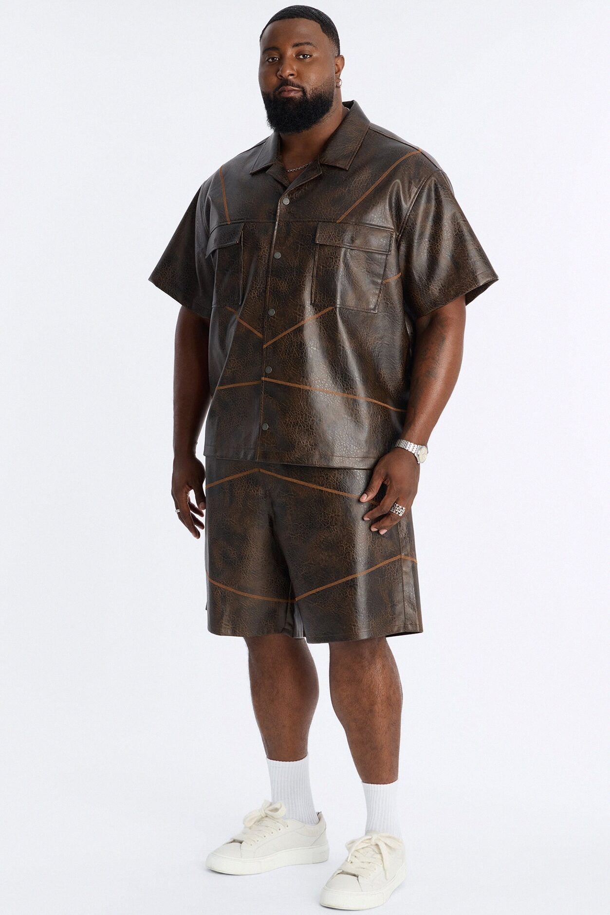 Boxy Vintage Chainstitch Faux Leather Cuban Collar Button Up Shirt - Brown