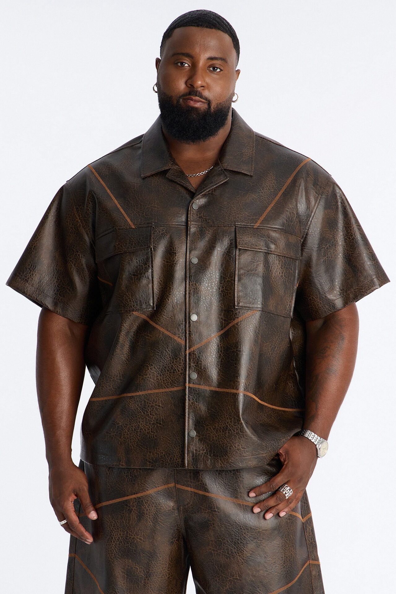 Boxy Vintage Chainstitch Faux Leather Cuban Collar Button Up Shirt - Brown