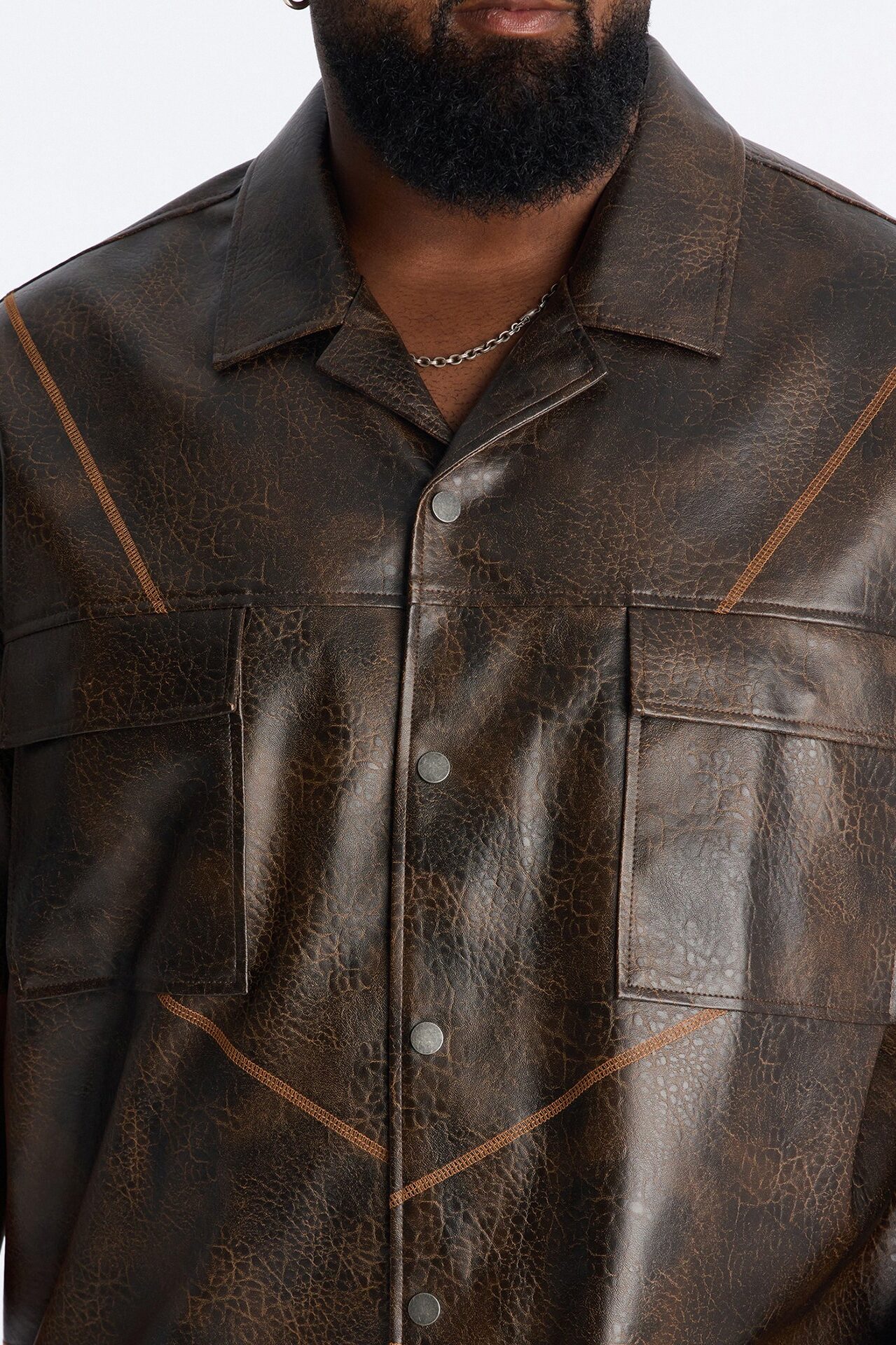 Boxy Vintage Chainstitch Faux Leather Cuban Collar Button Up Shirt - Brown