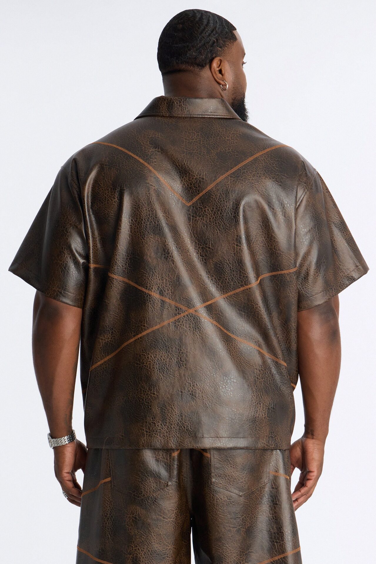 Boxy Vintage Chainstitch Faux Leather Cuban Collar Button Up Shirt - Brown