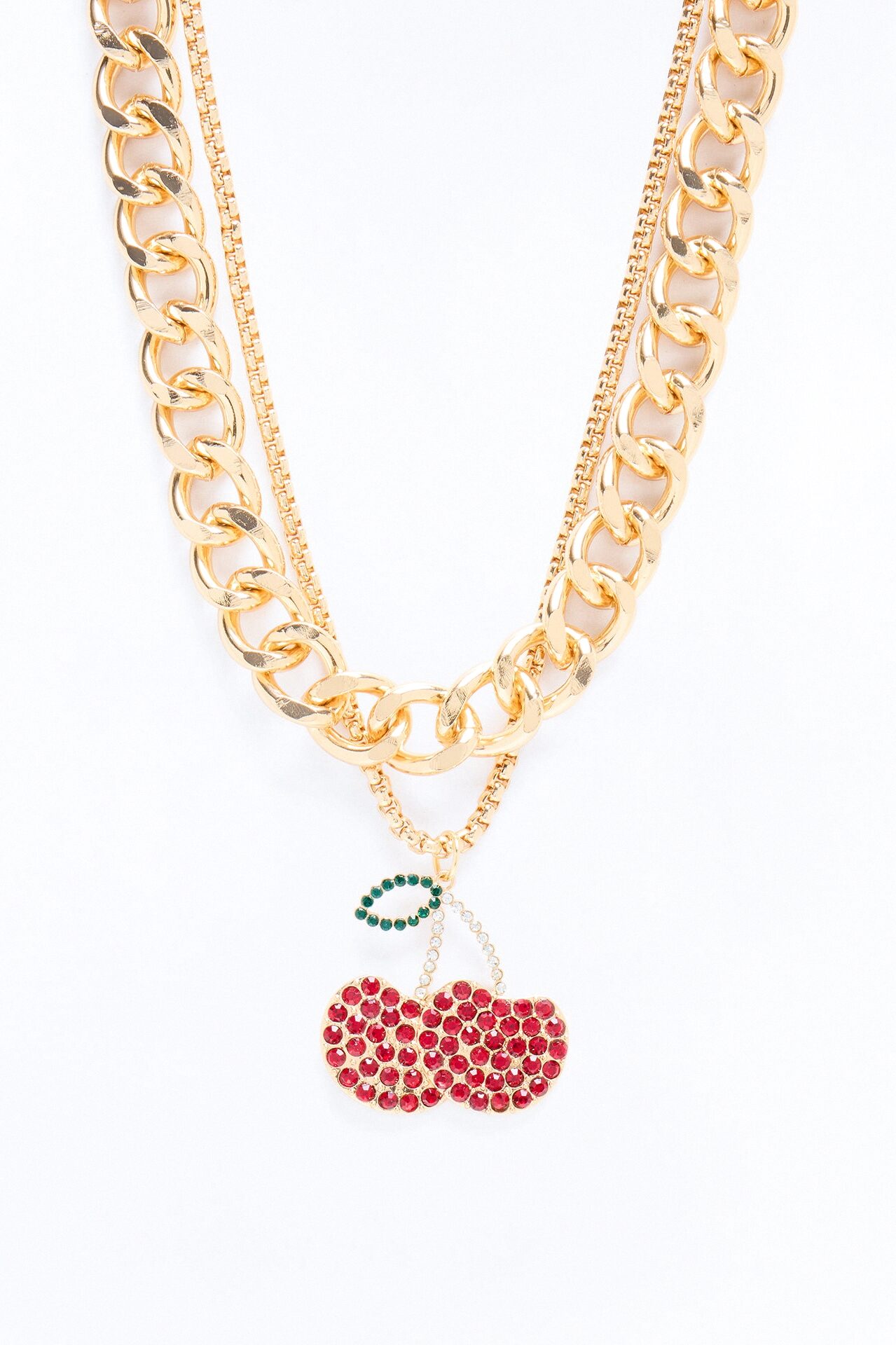Cherry Pop Rhinestone Layered Necklace - Gold/Red