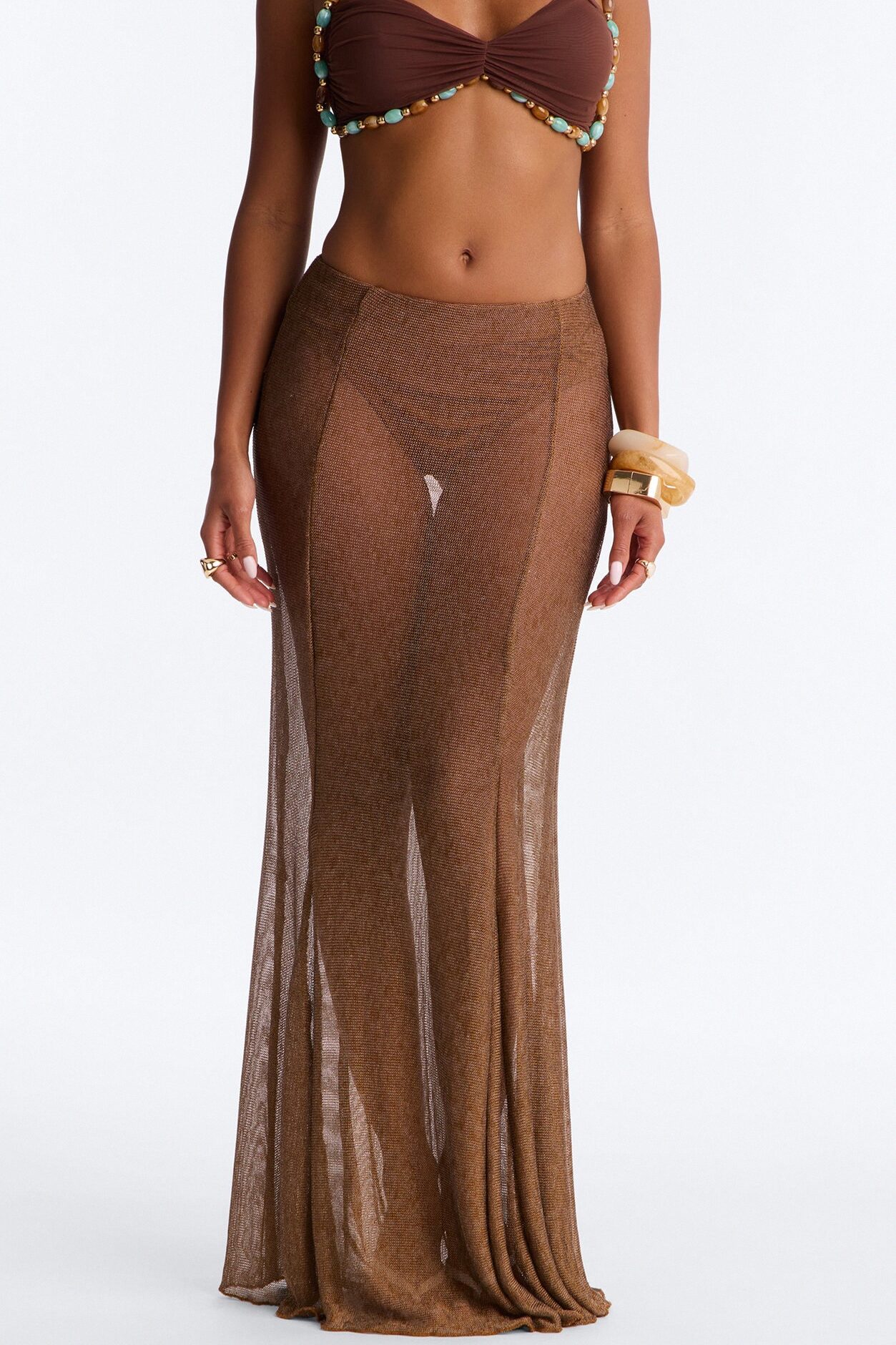Vacation Goddess Metallic Knit Maxi Skirt - Bronze