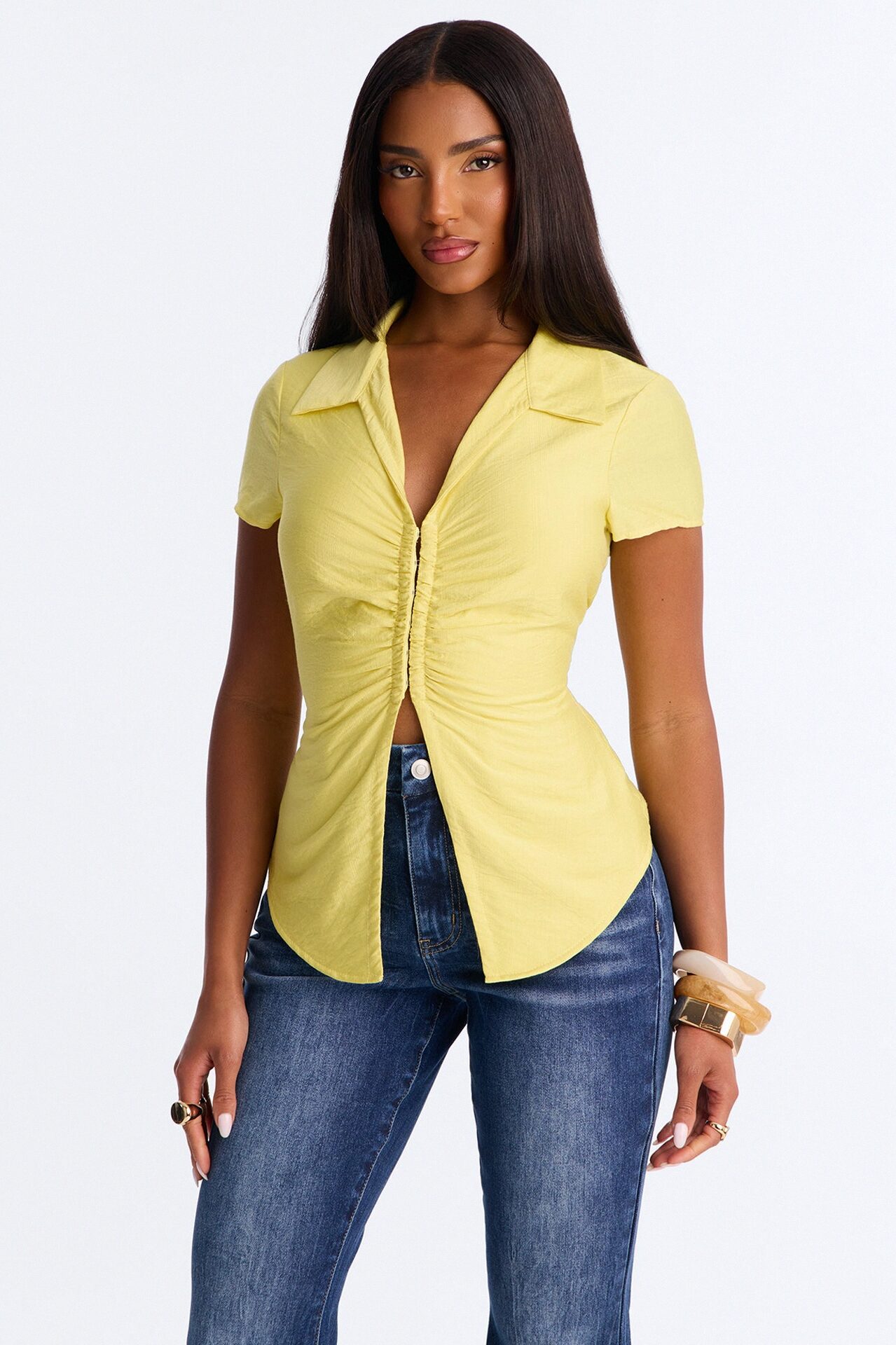 Make It Happen Short Sleeve Ruched Linen Top - Yellow