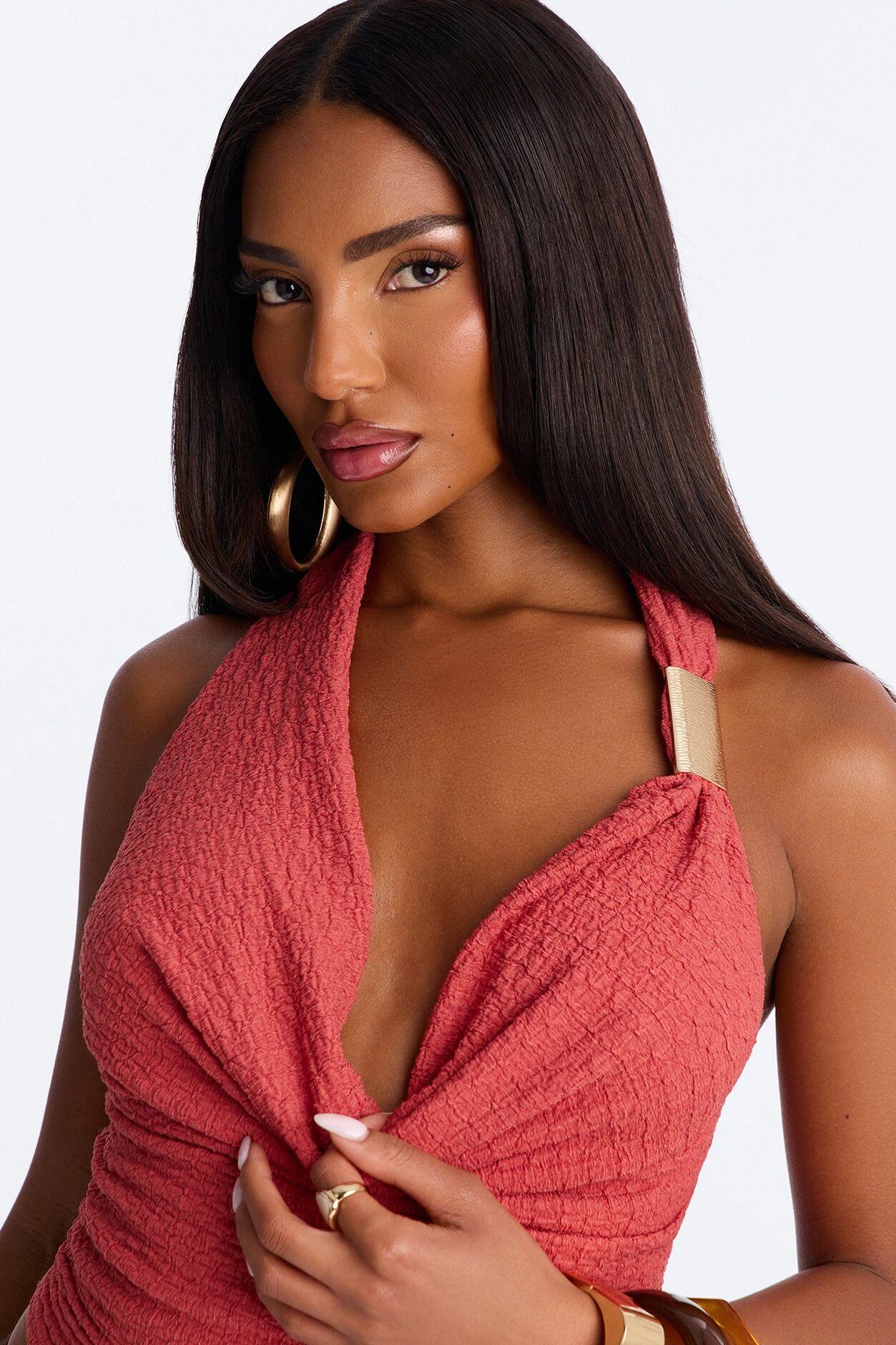 Sunny Textured Cowl Neck Hardware Halter Top - Terracotta