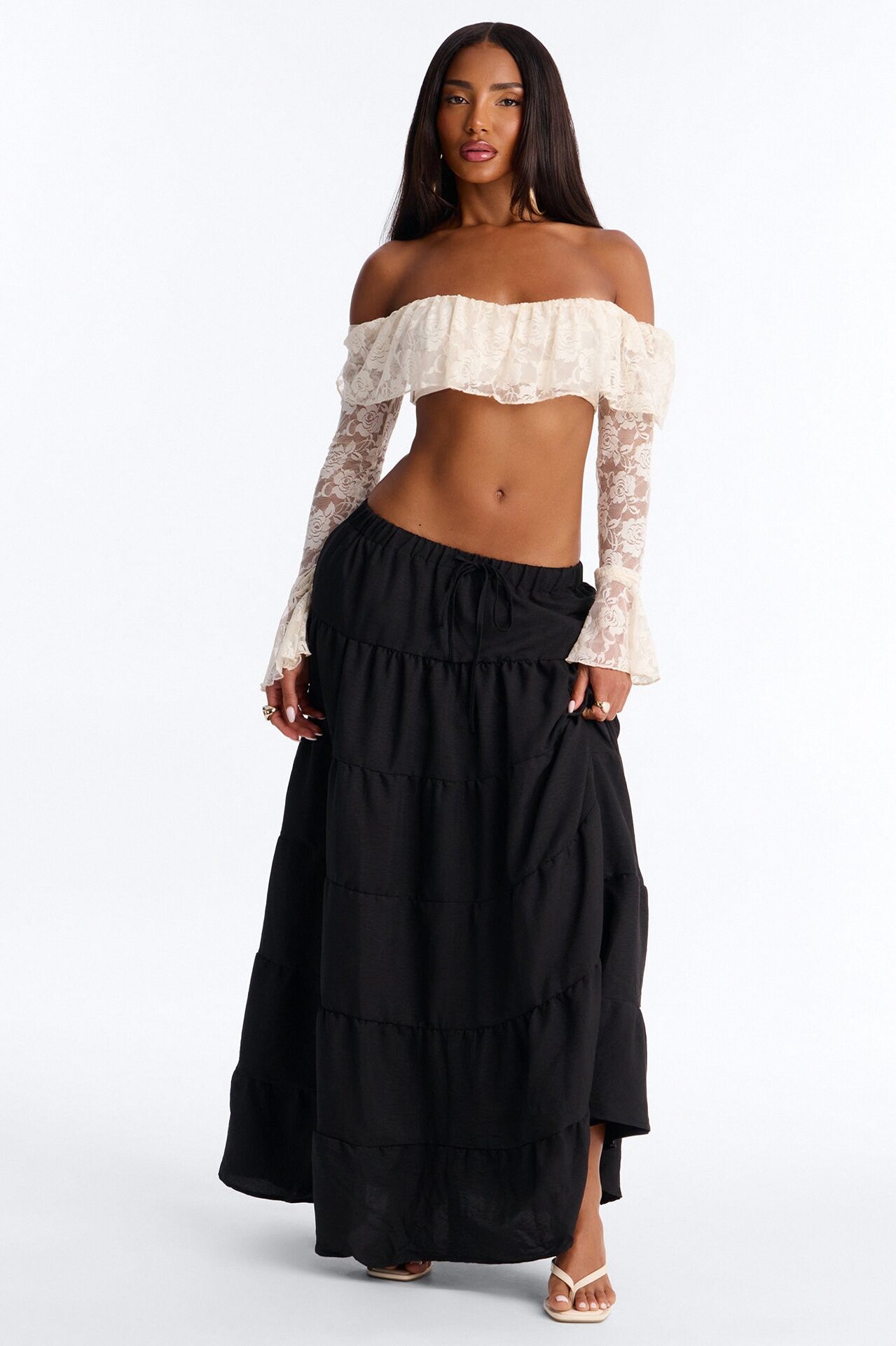Aza Low Rise Tiered Maxi Skirt - Black