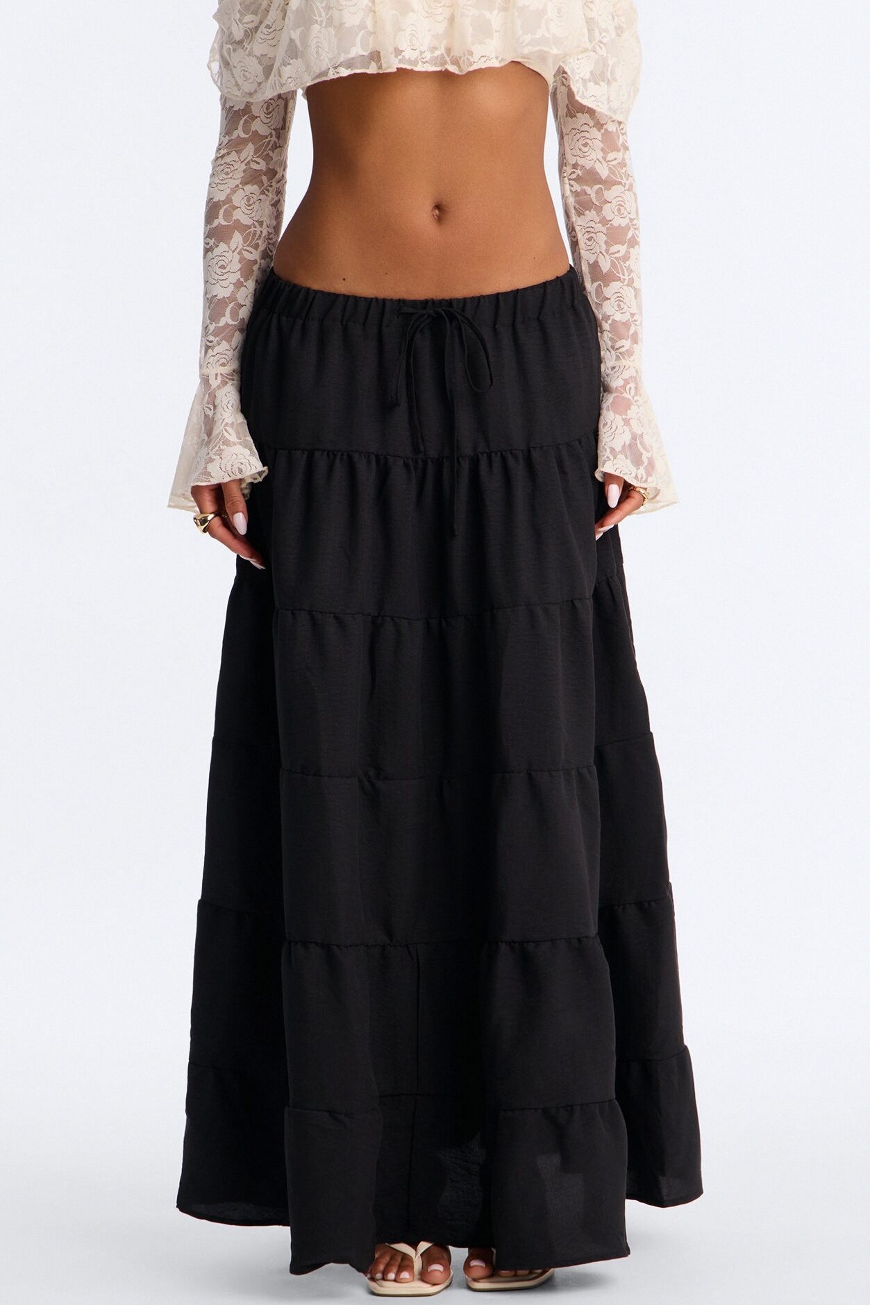 Aza Low Rise Tiered Maxi Skirt - Black