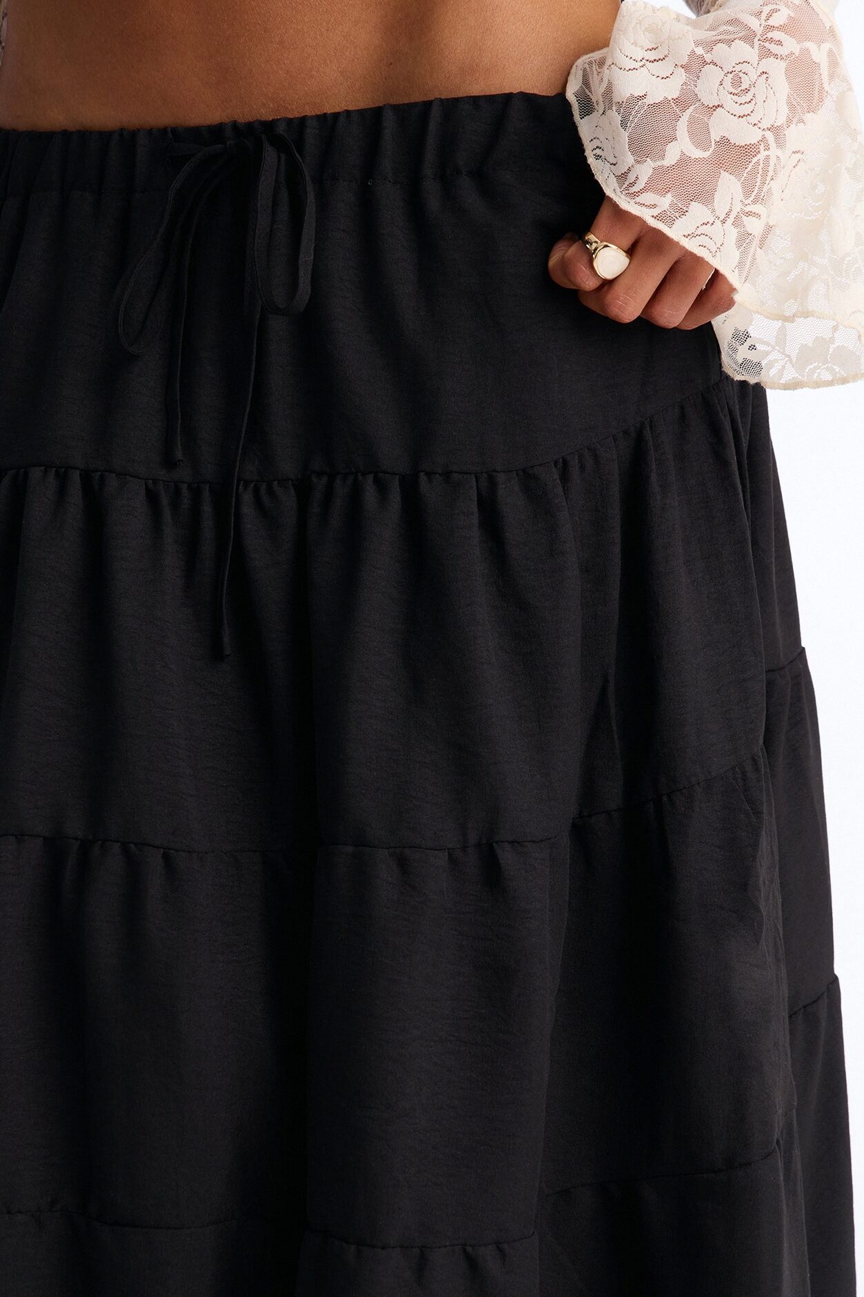 Aza Low Rise Tiered Maxi Skirt - Black