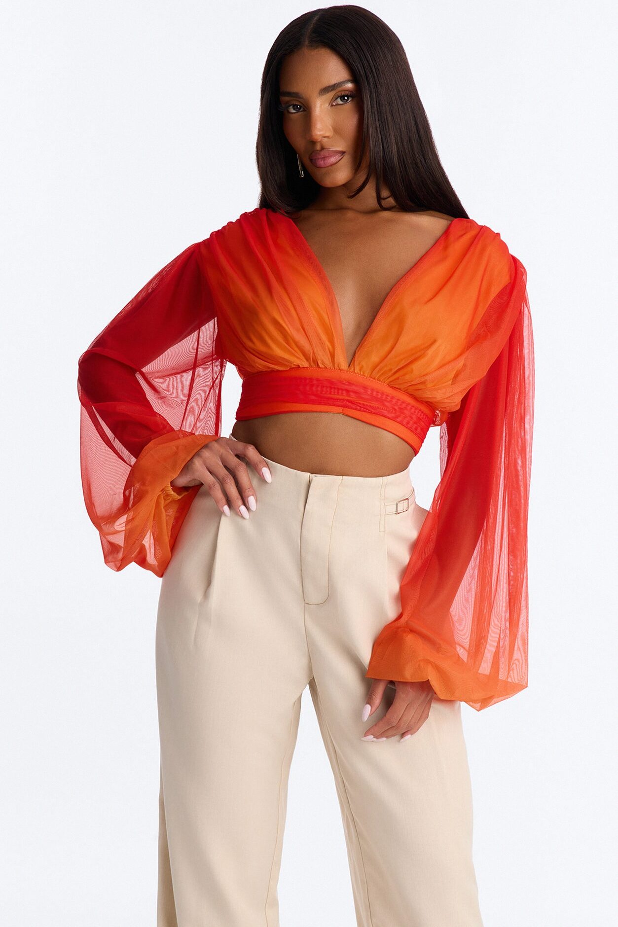Isabela Ombre Mesh Long Sleeve Crop Top - Orange/combo