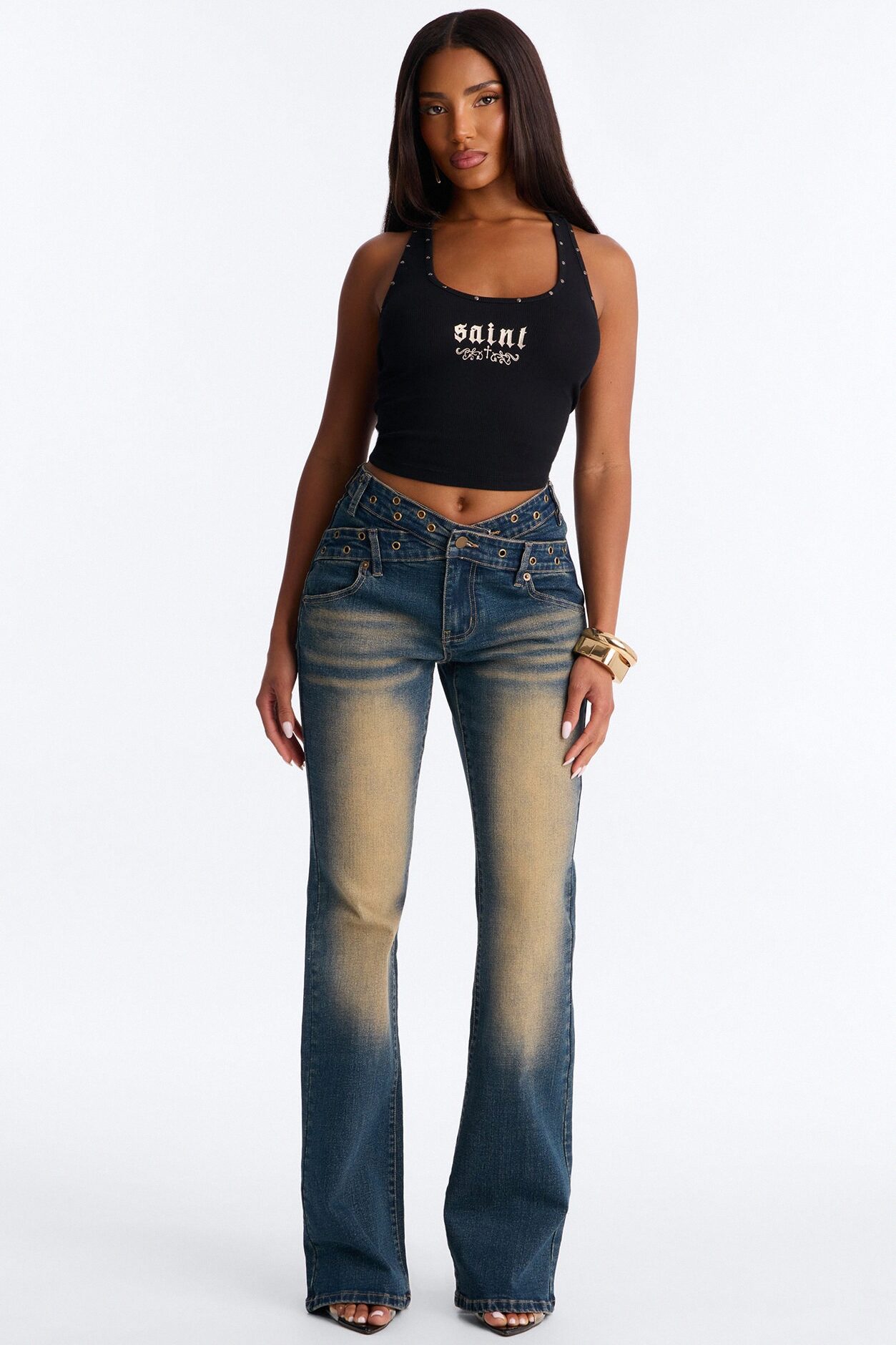 Such A Saint Studded Ribbed Tank Top - Black