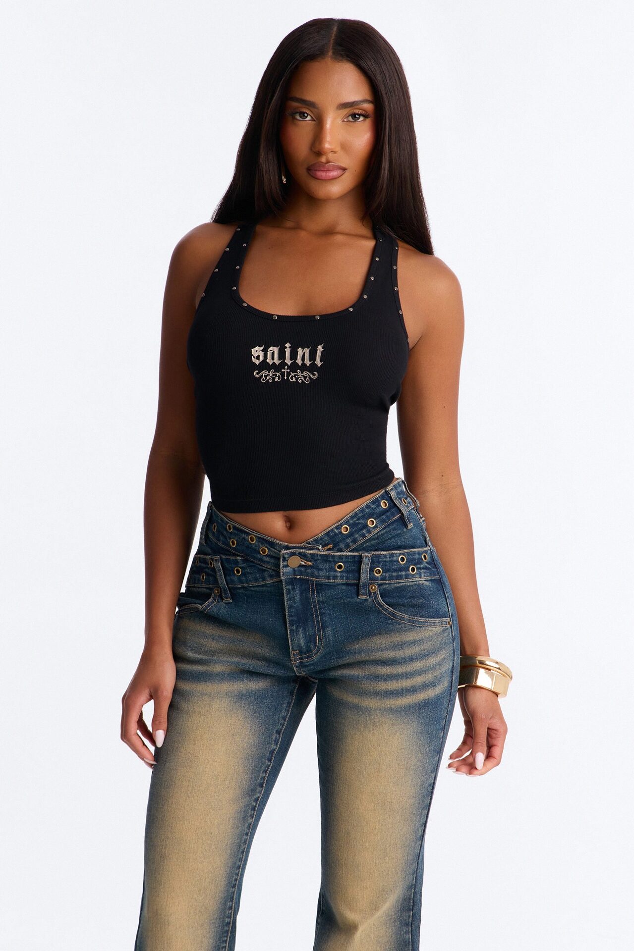 Such A Saint Studded Ribbed Tank Top - Black