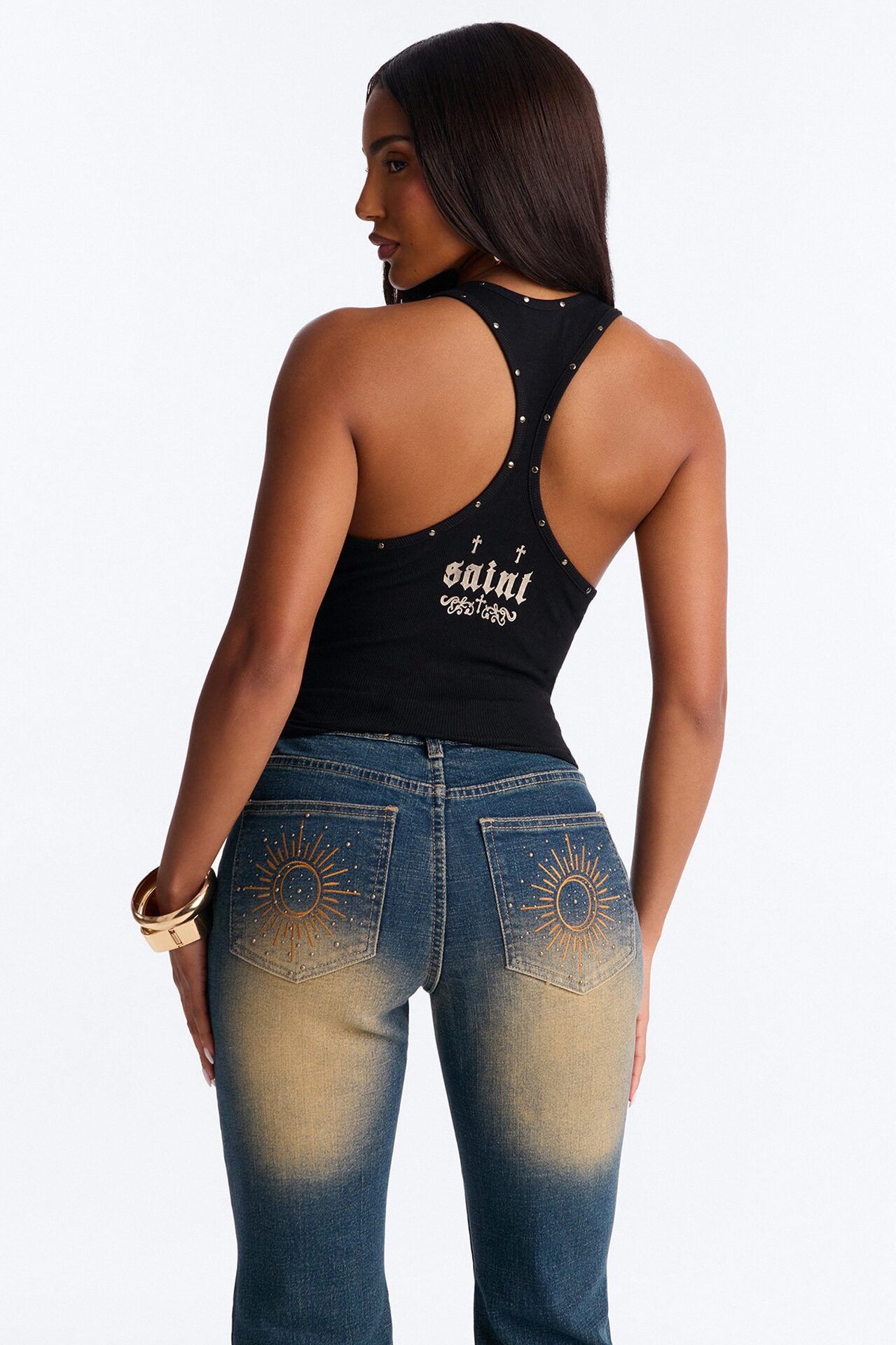 Such A Saint Studded Ribbed Tank Top - Black