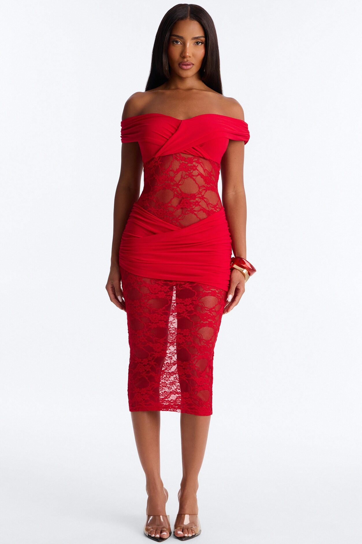 Nicole Off Shoulder Lace Midi Dress - Red