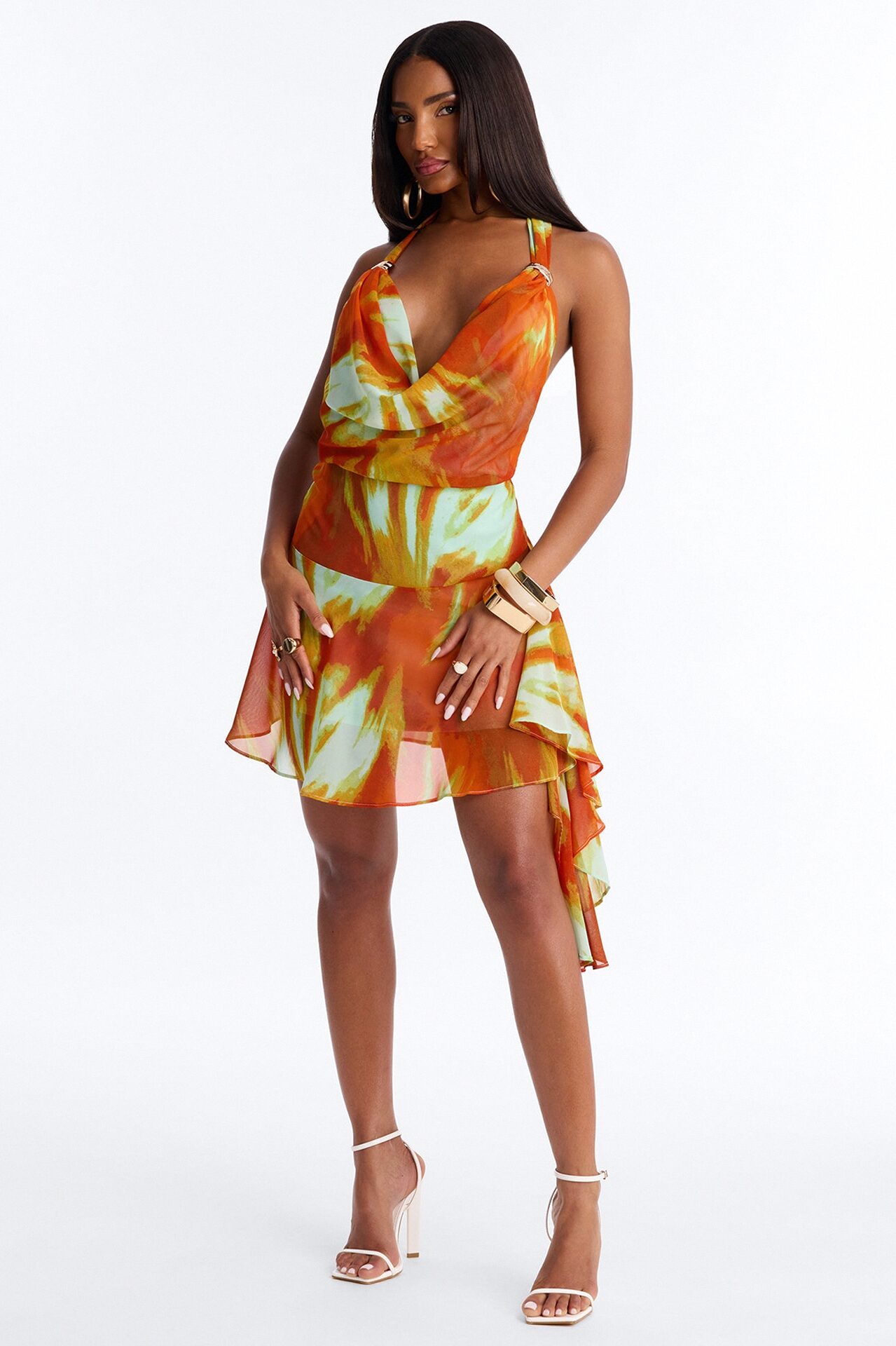 Daydreaming Halter Chiffon Mini Dress - Orange/combo