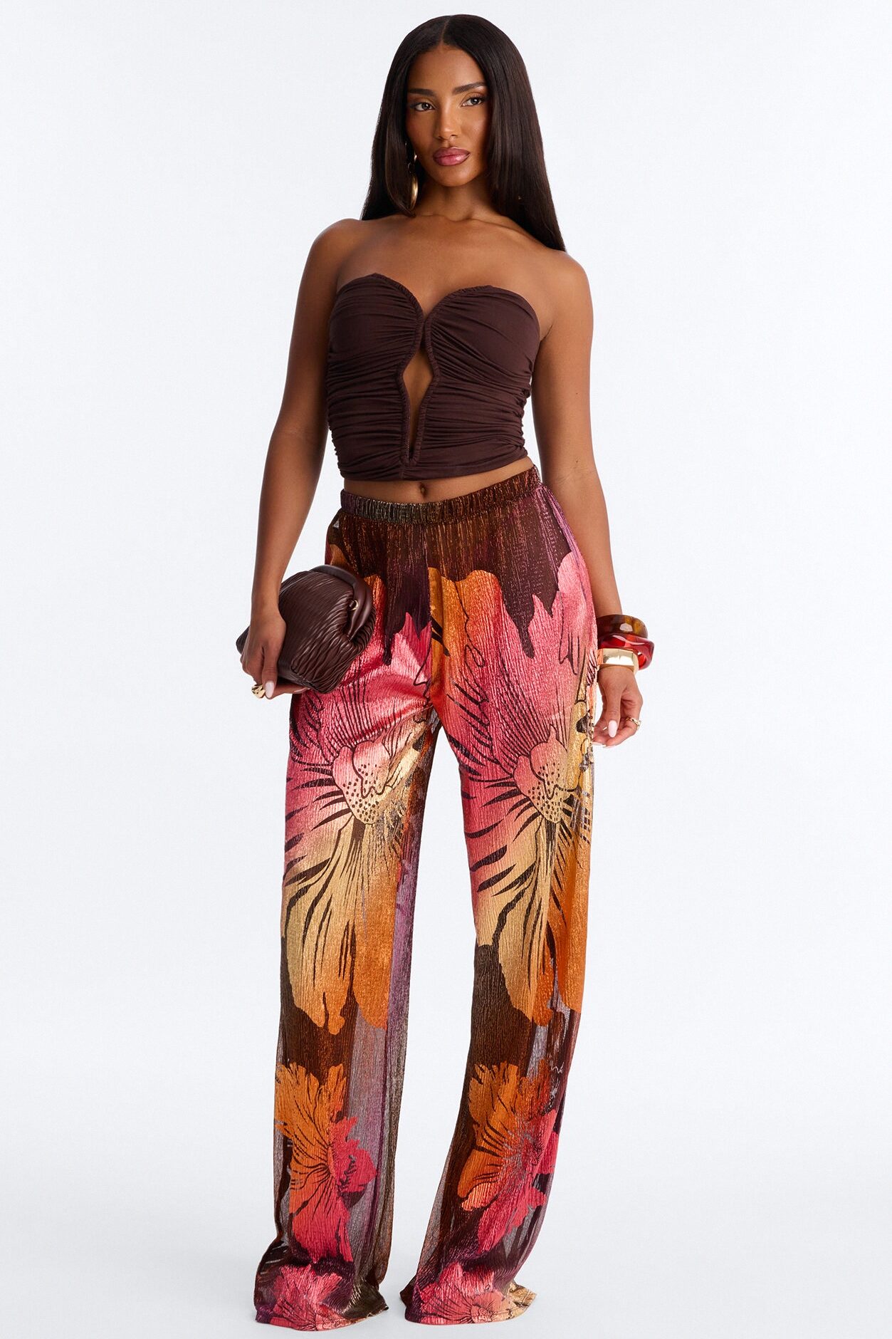Addison Metallic Floral Wide Leg Pant - Rust/combo