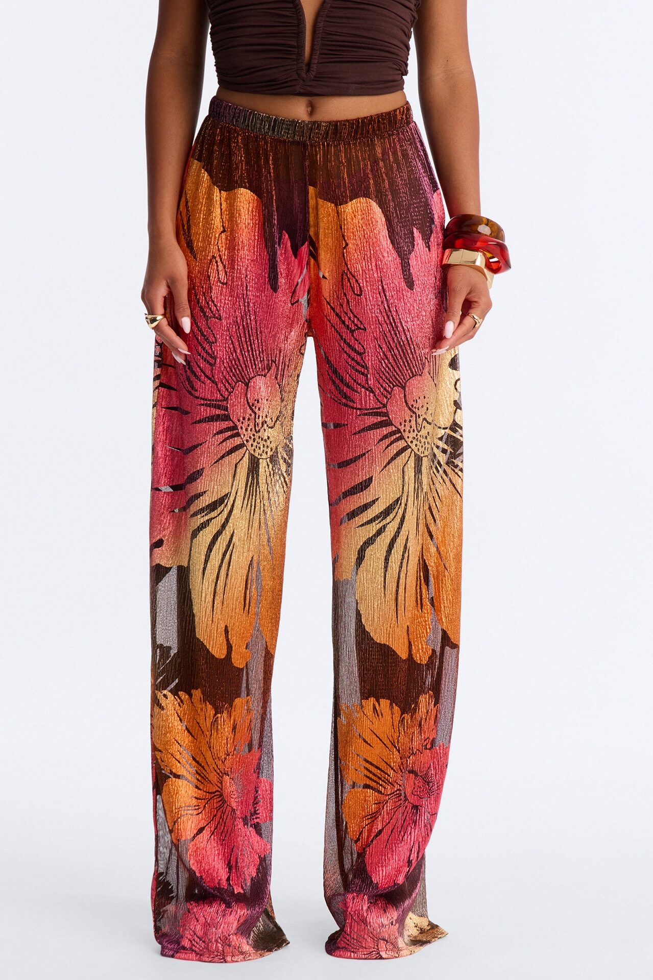 Addison Metallic Floral Wide Leg Pant - Rust/combo