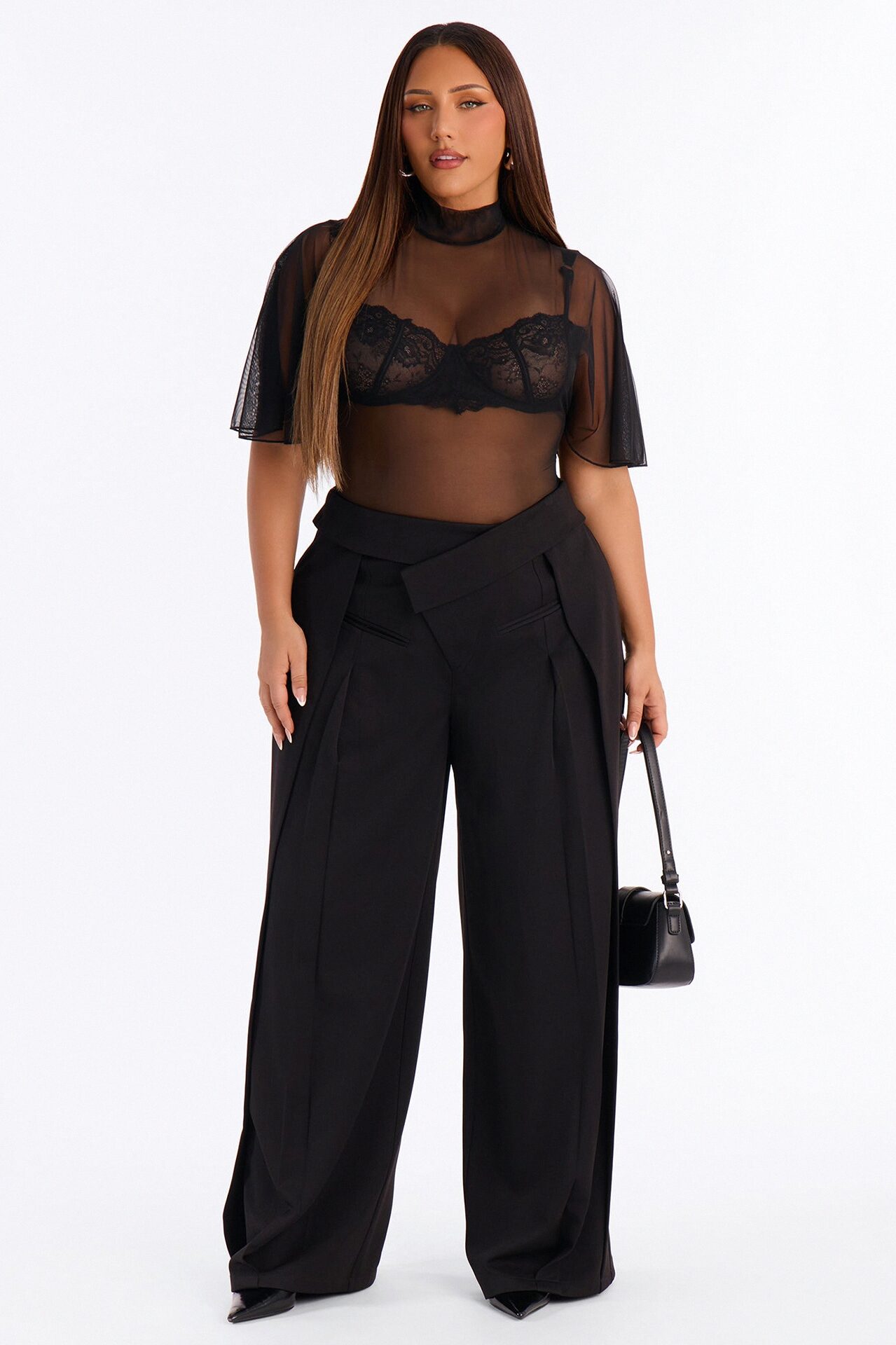 Natalie Mesh Mock Neck Ruffle Sleeve Bodysuit - Black