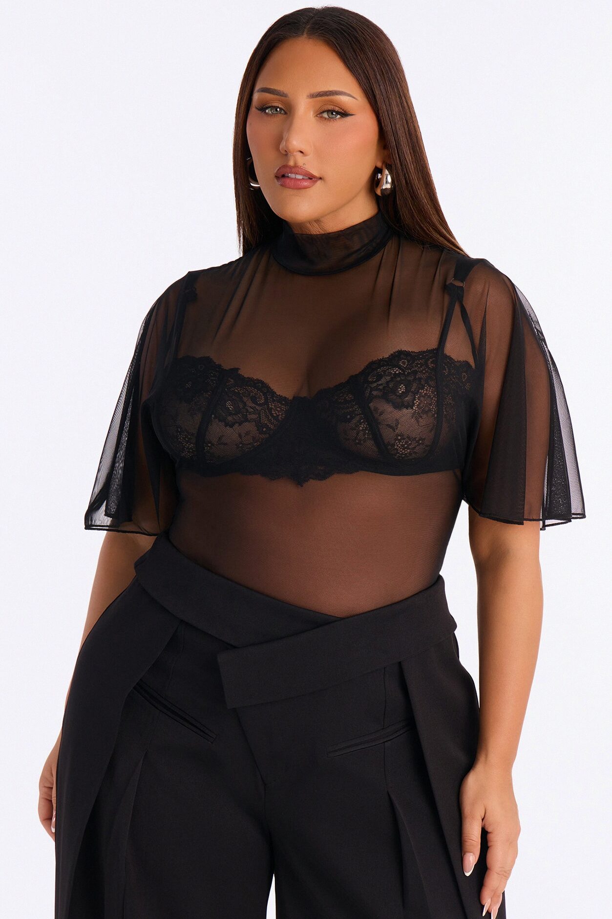 Natalie Mesh Mock Neck Ruffle Sleeve Bodysuit - Black