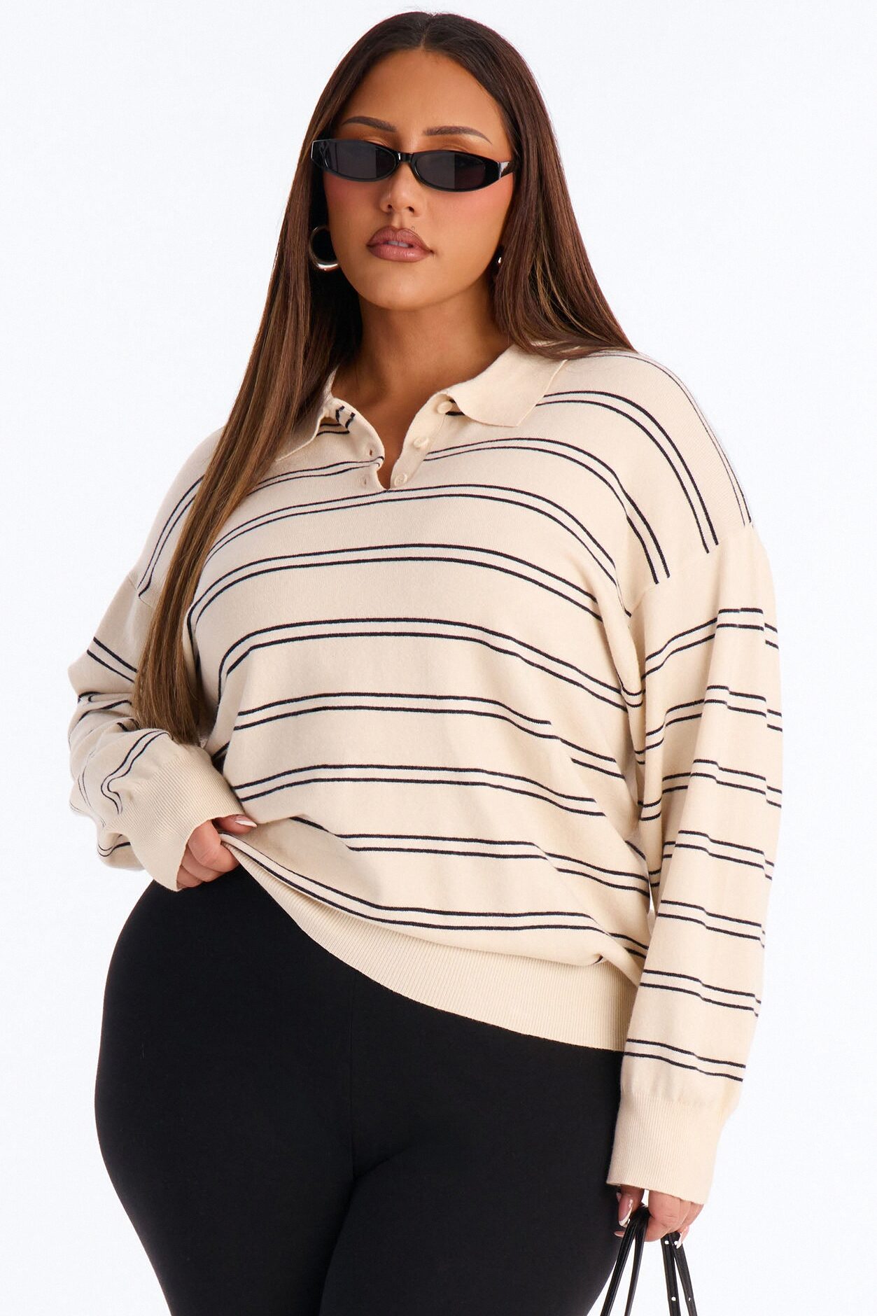 Diana Striped Long Sleeve Polo Sweater - Cream/combo