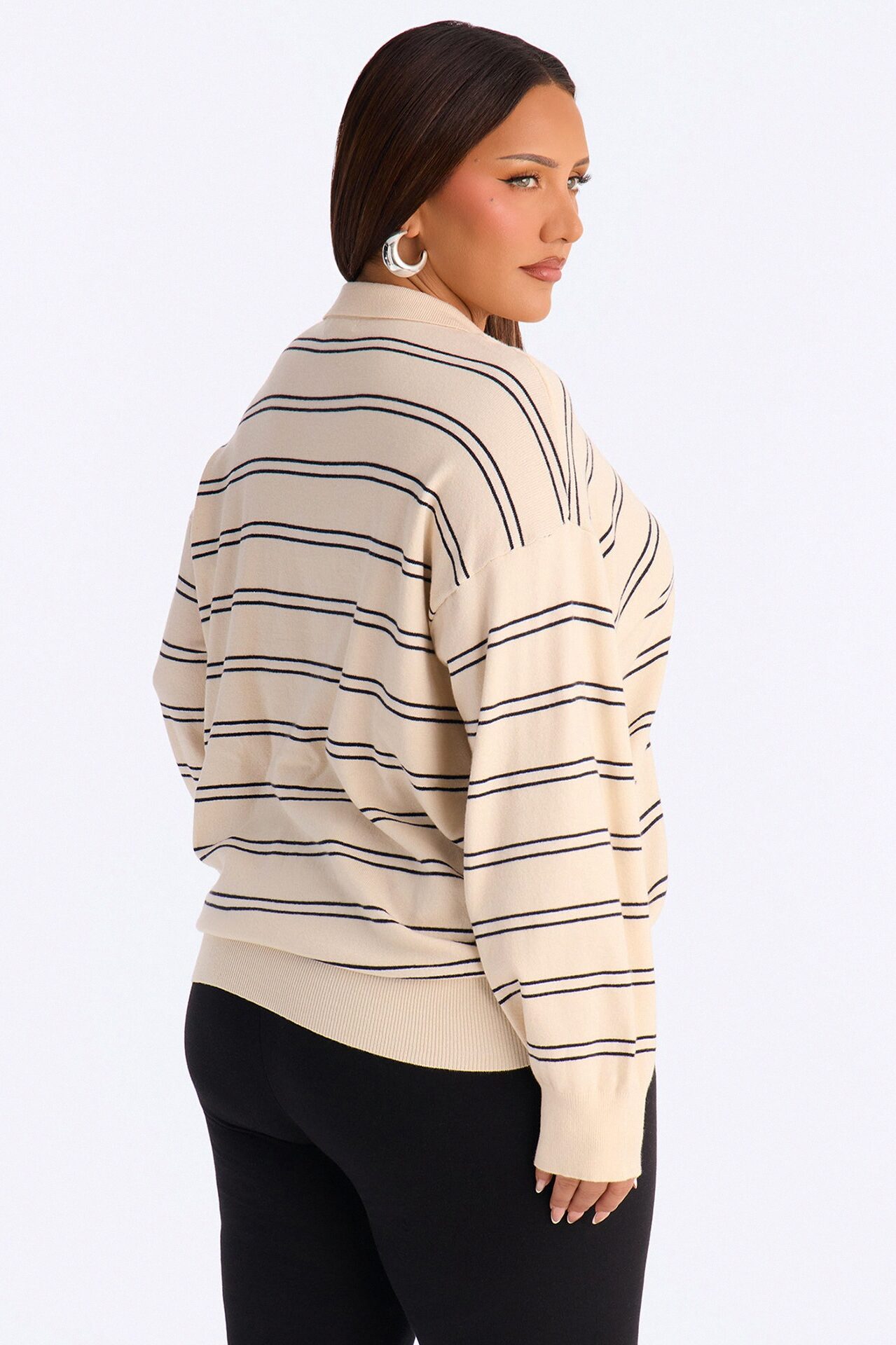 Diana Striped Long Sleeve Polo Sweater - Cream/combo