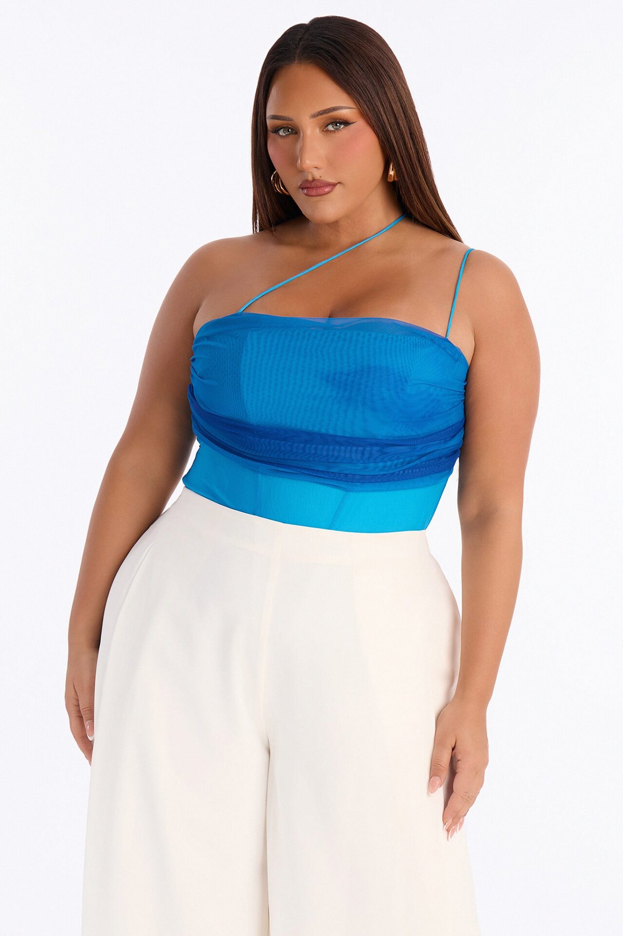 Adeline One Shoulder Mesh Bodysuit - Blue/combo