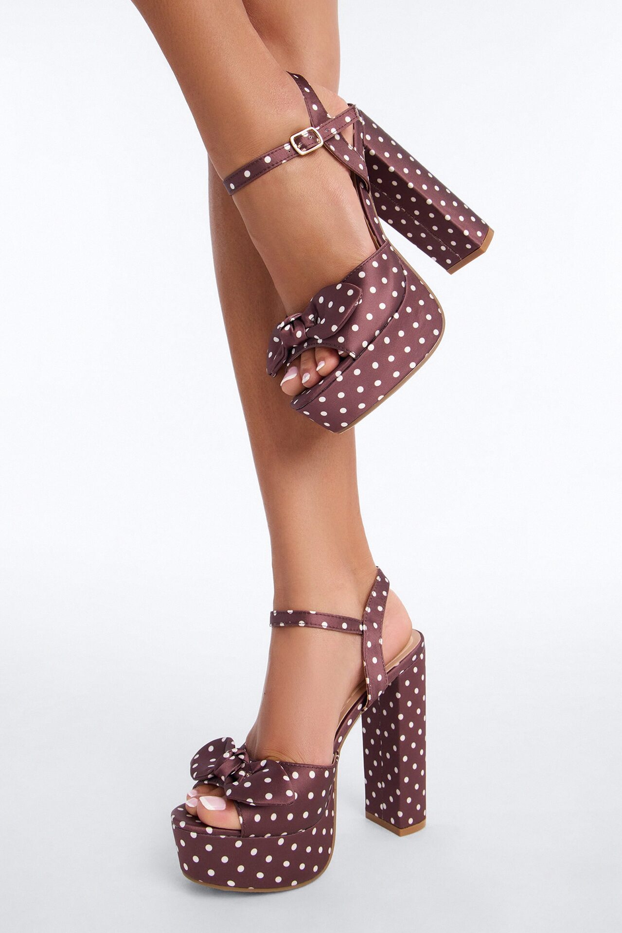 Harpie Satin Bow Platform Heels - BrownCombo