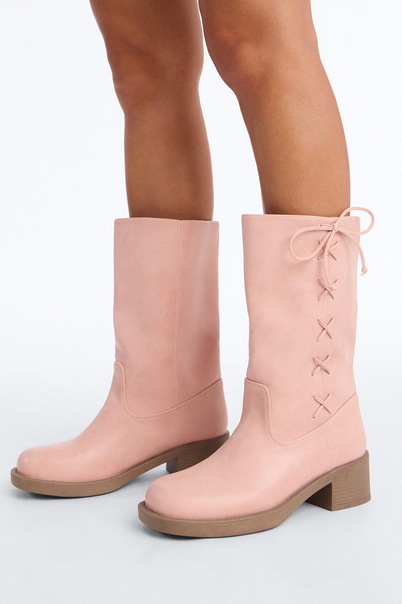Springy Lace Up Bow Boots - Pink