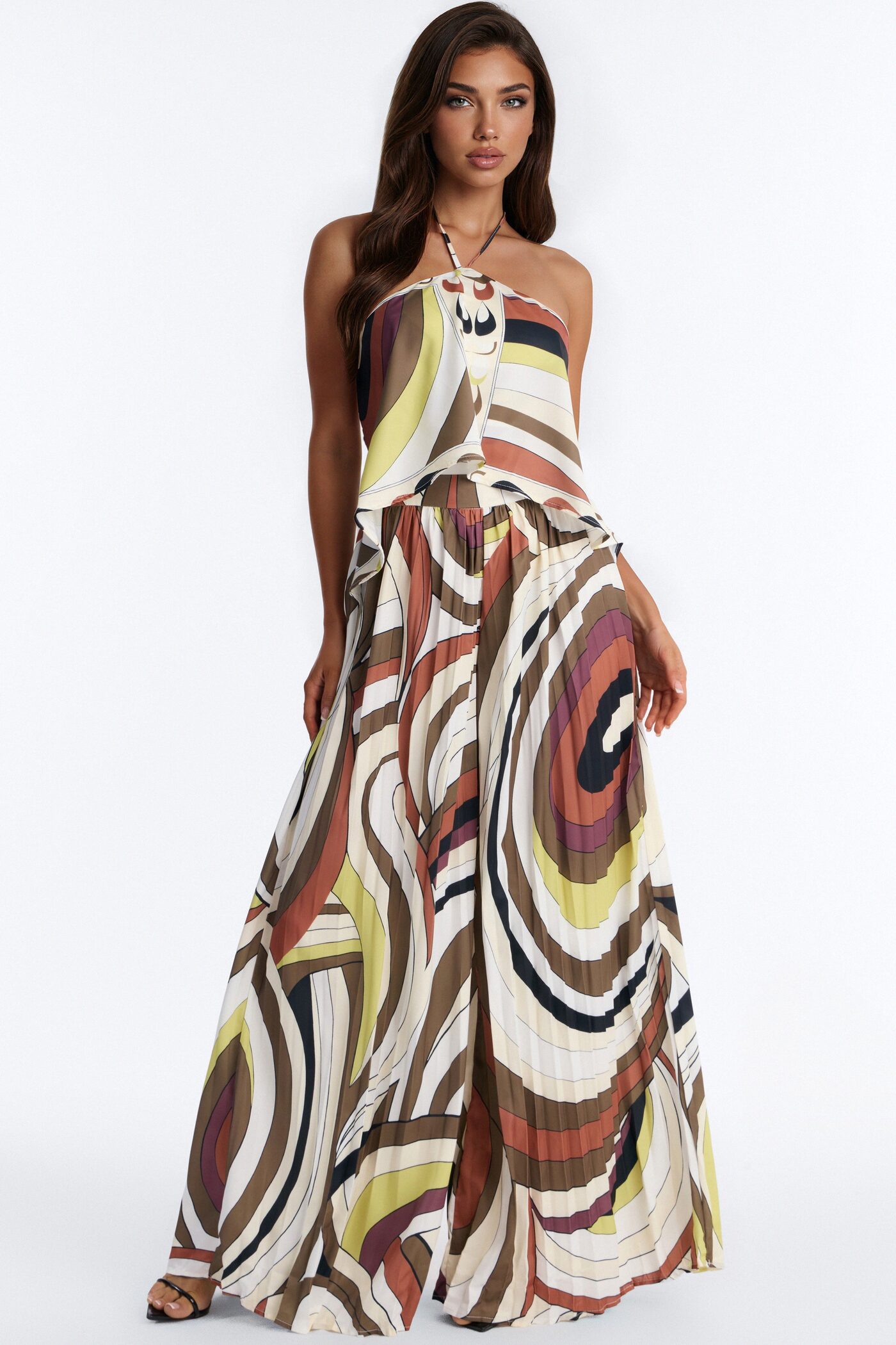 Resort Chic Pleated Wide Leg Jumpsuit - Brown