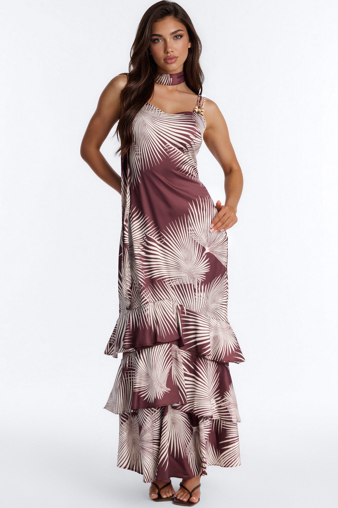 Lila Satin Tiered Maxi Dress - Brown/combo