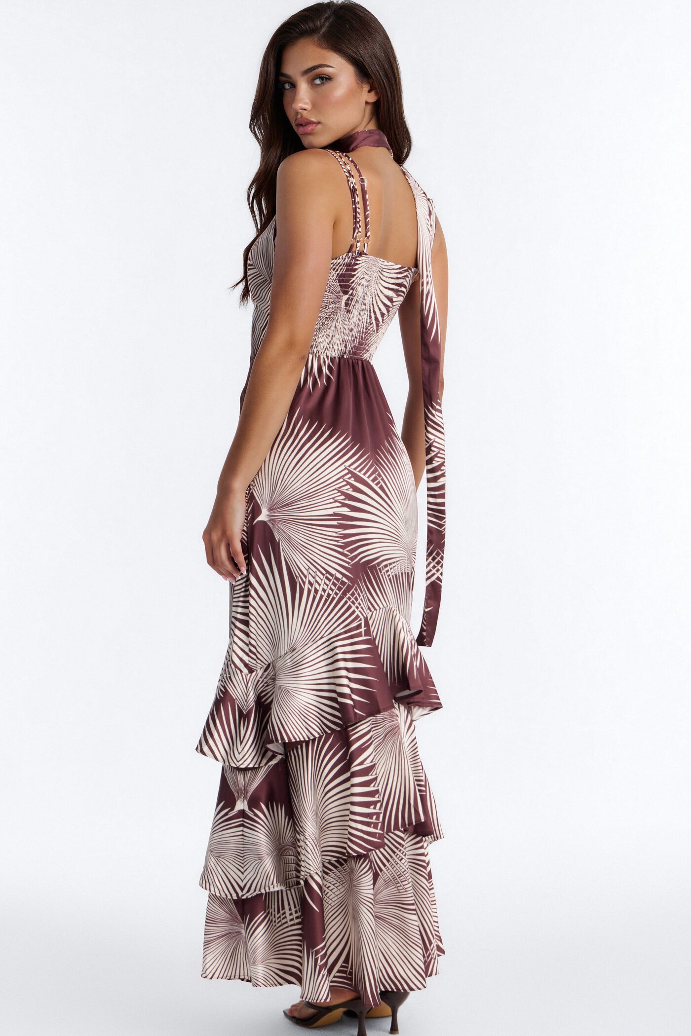 Lila Satin Tiered Maxi Dress - Brown/combo