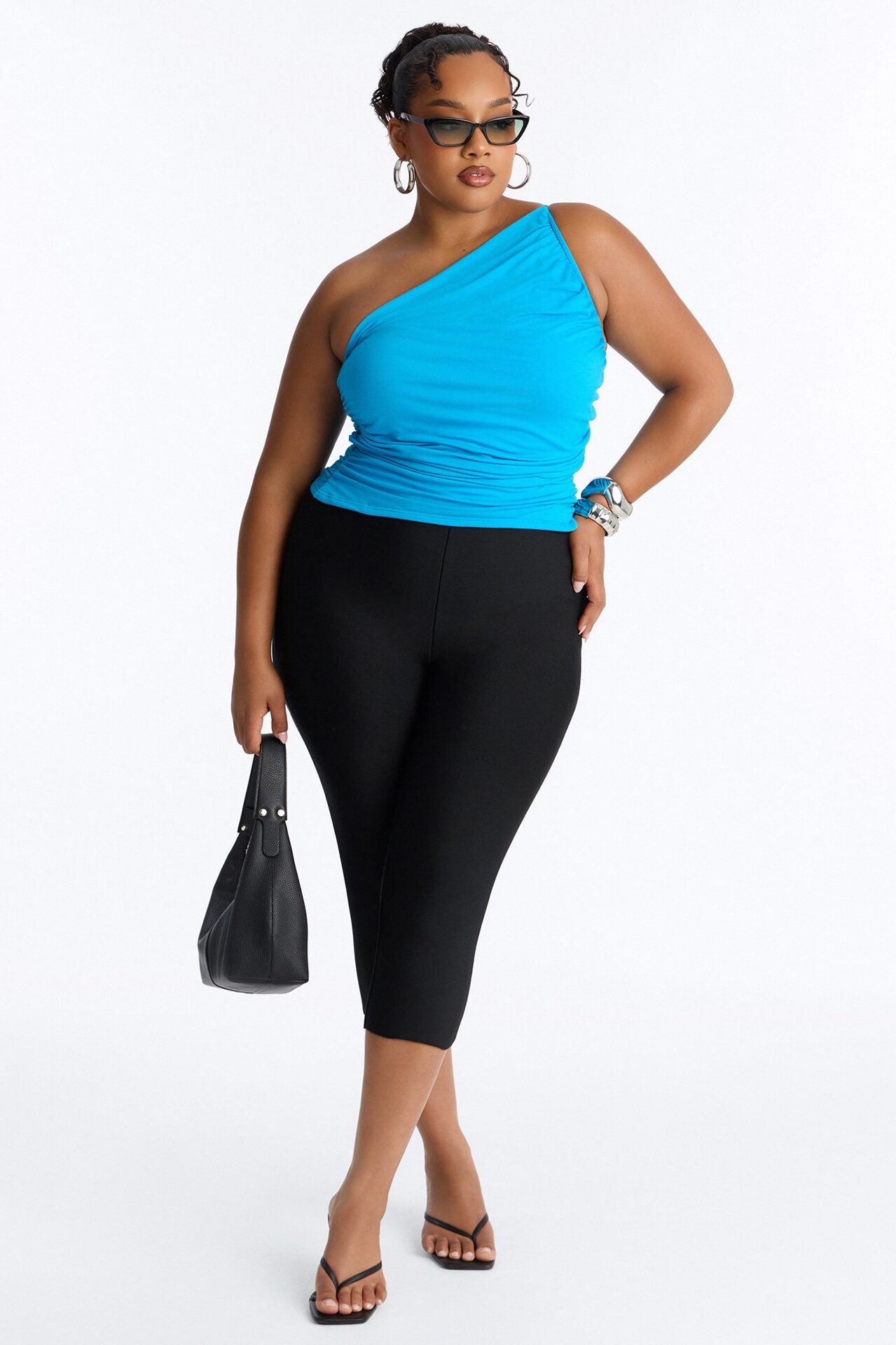 Kehlani One Shoulder Ruched Sleeveless Top - Turquoise