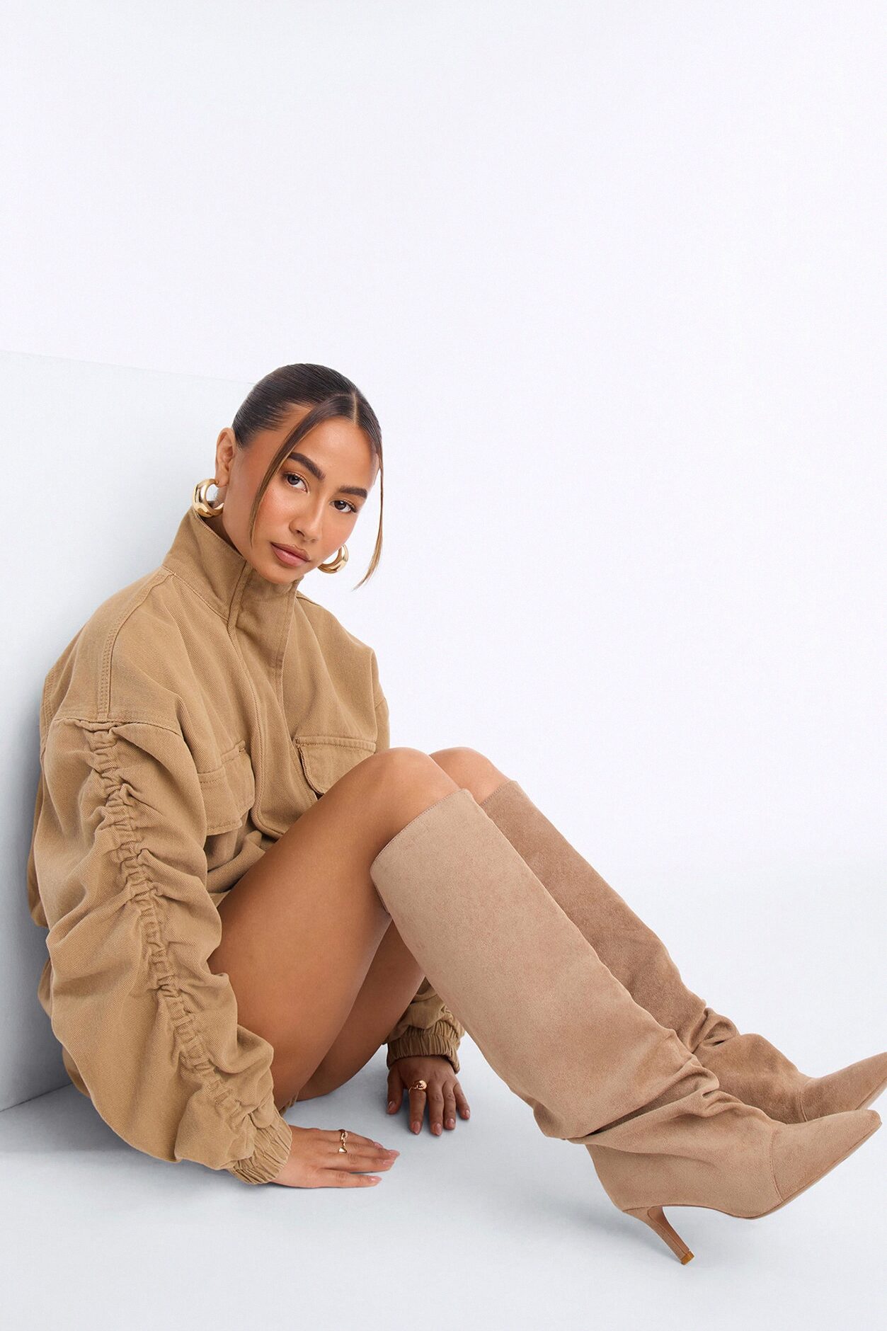 Pico Ruched Suede Boots - Sand