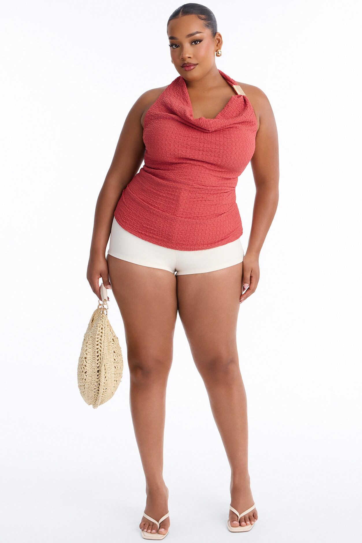 Sunny Textured Cowl Neck Hardware Halter Top - Terracotta
