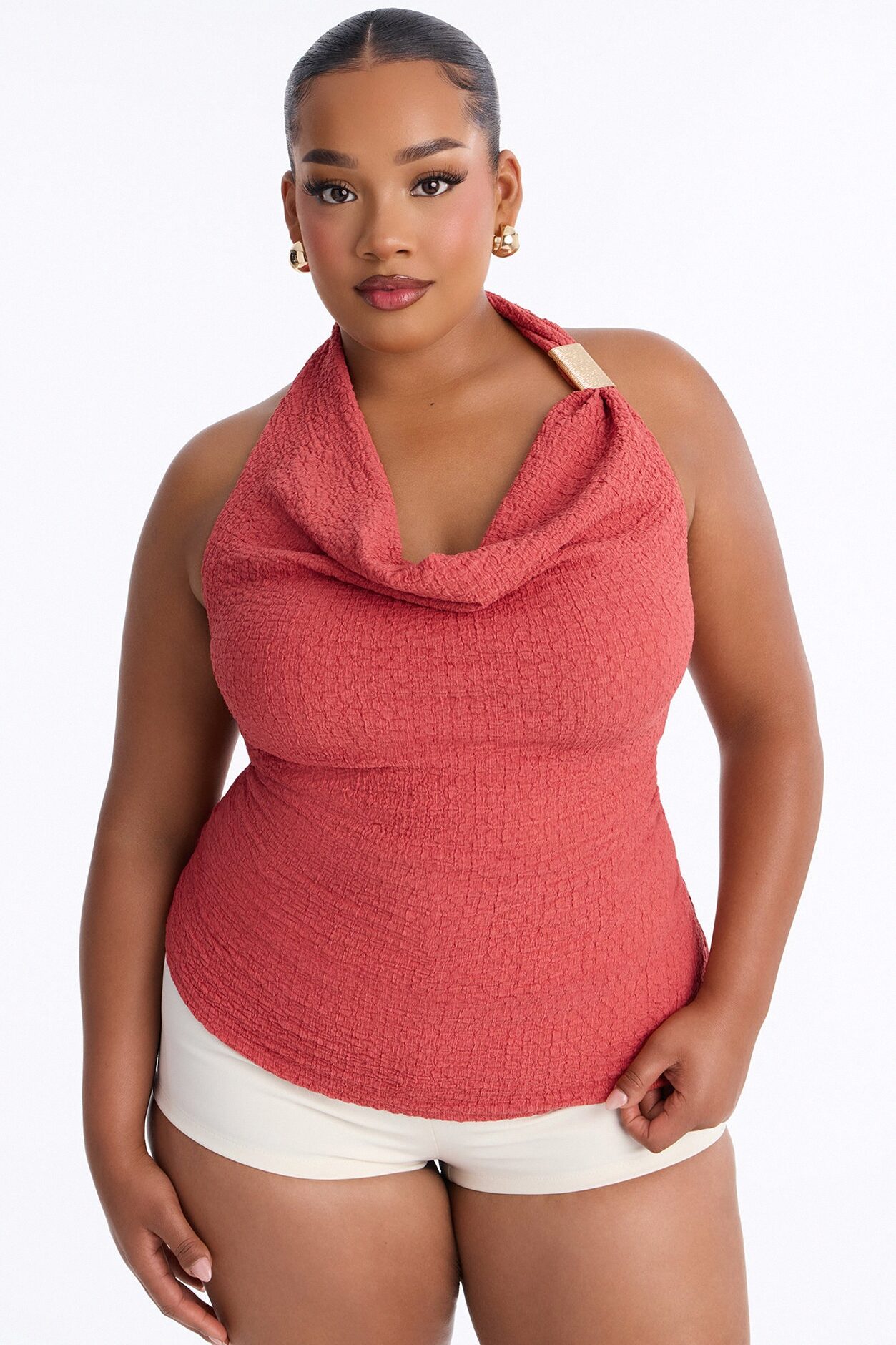 Sunny Textured Cowl Neck Hardware Halter Top - Terracotta