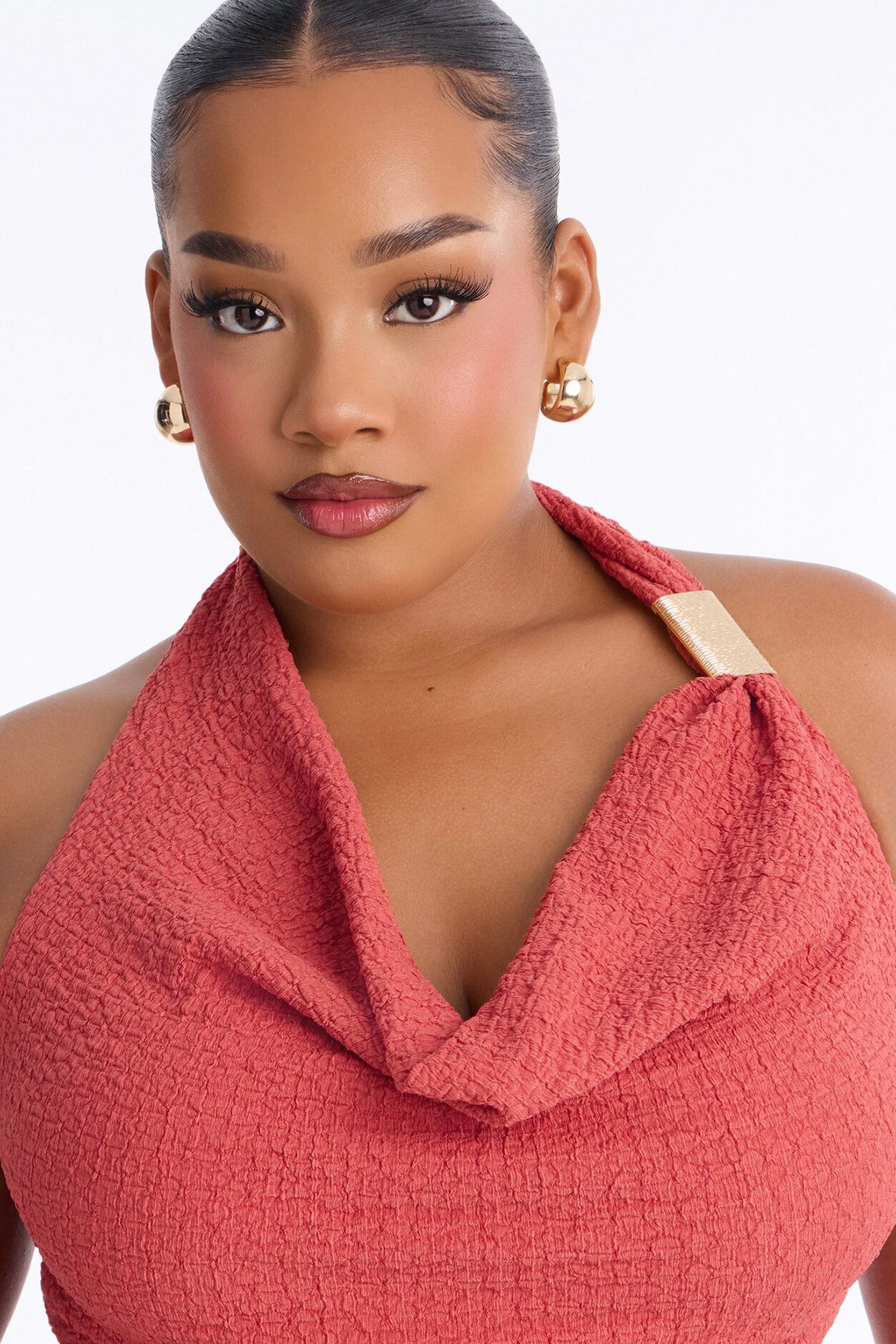 Sunny Textured Cowl Neck Hardware Halter Top - Terracotta