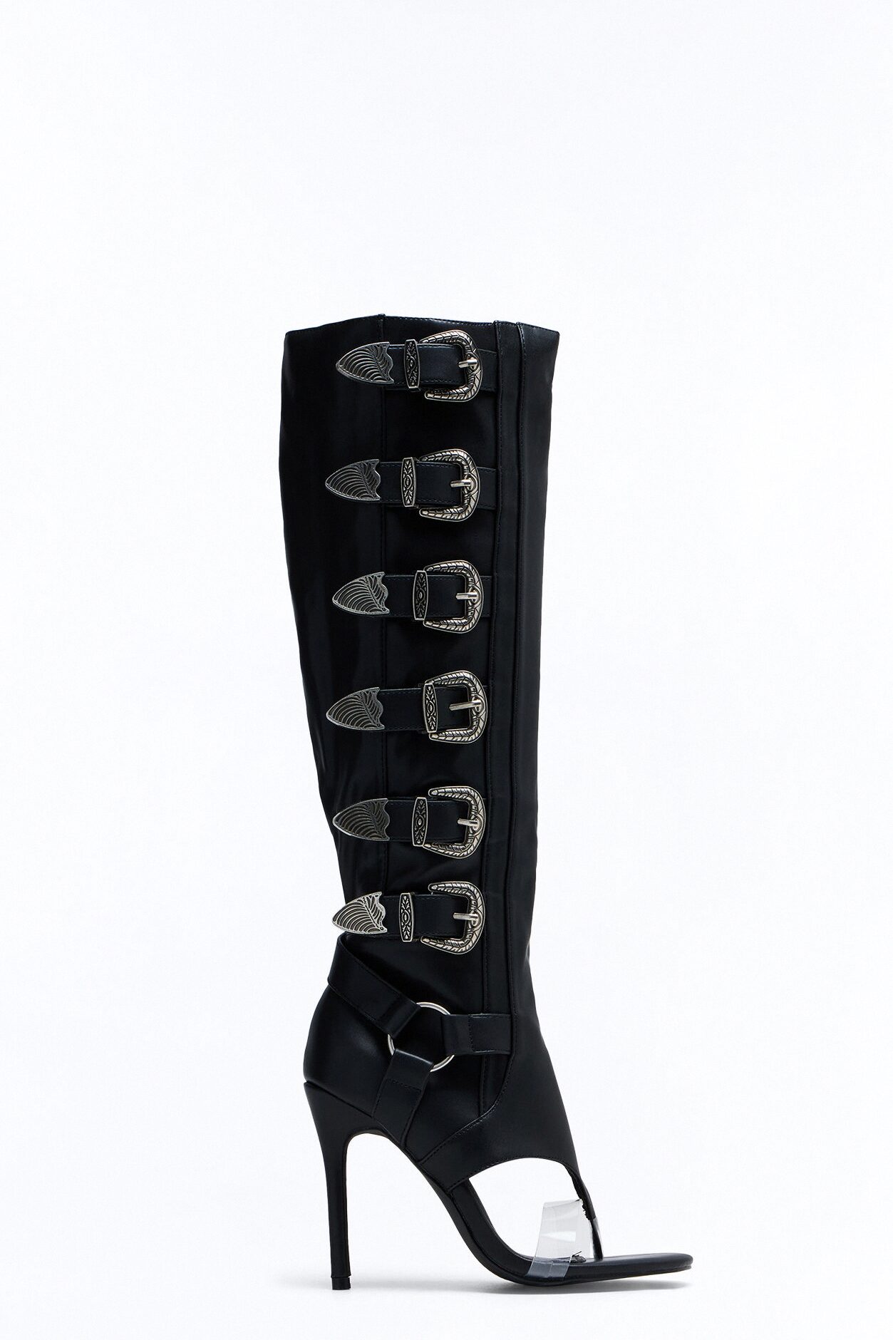 Elarah Buckle Knee High Thong Boots - Black