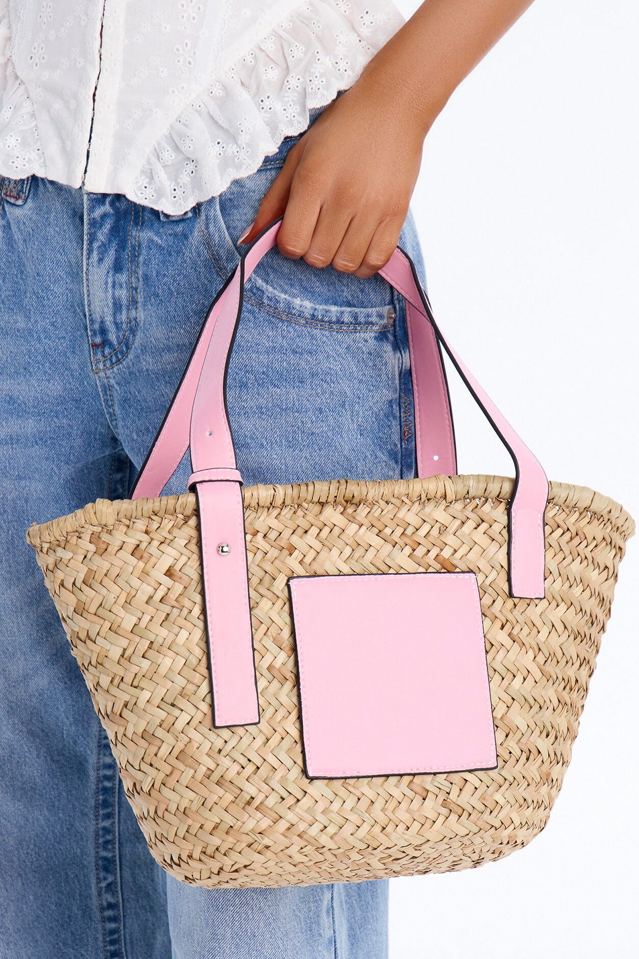 Sunday Picnic Straw Straw Tote Handbag - Pink/combo