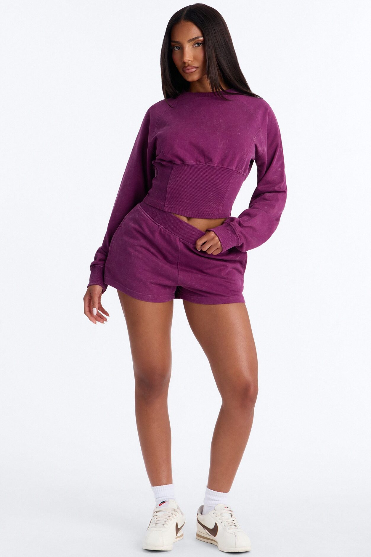Cool And Casual Washed French Terry Short Set - Plum