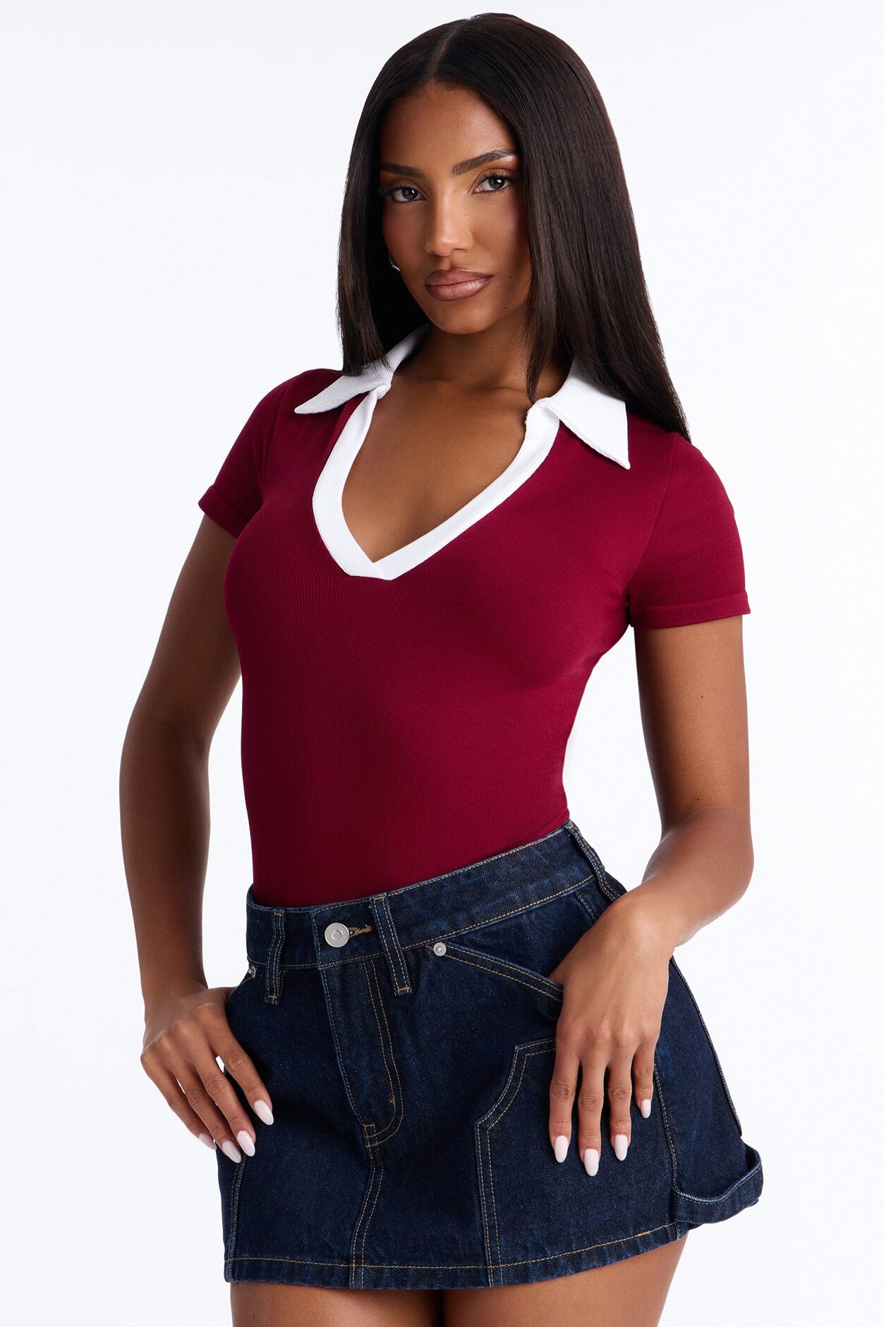 Shani Ribbed Collared Short Sleeve Bodysuit - Wine/combo