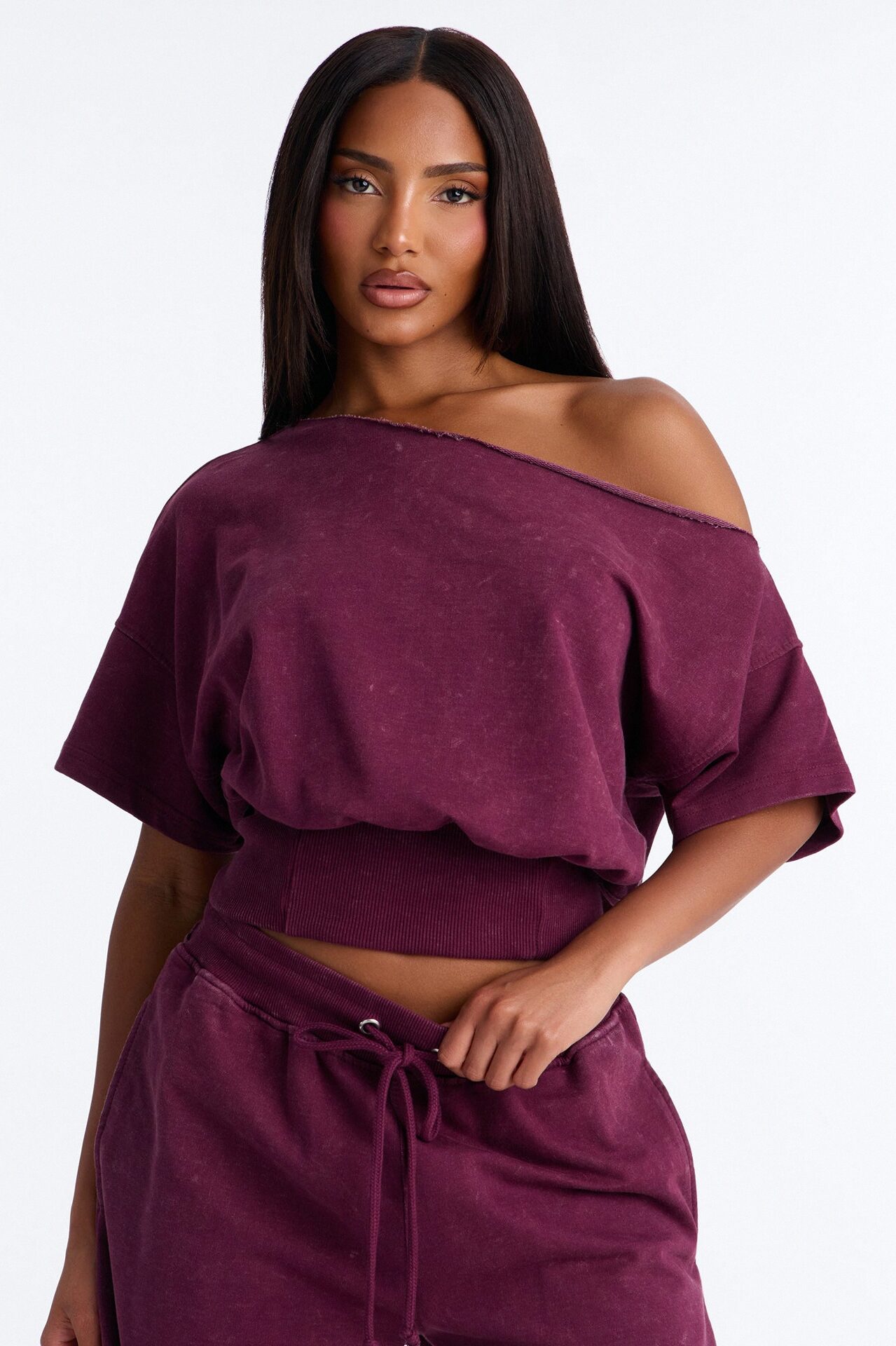 Jessica Washed Barrel Leg Pant Set - Burgundy