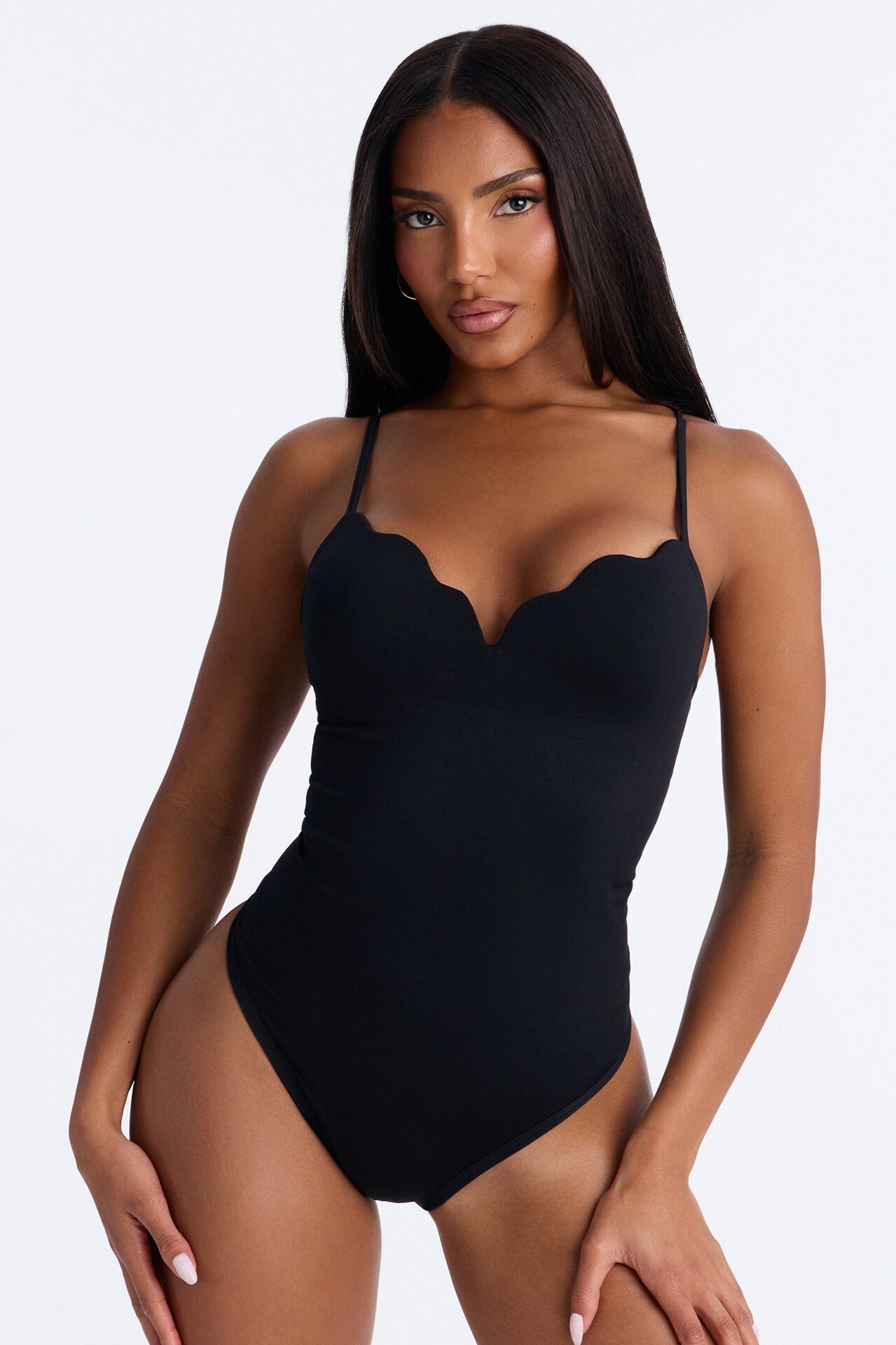 Sydney Padded Scallop Neck Seamless Bodysuit - Black