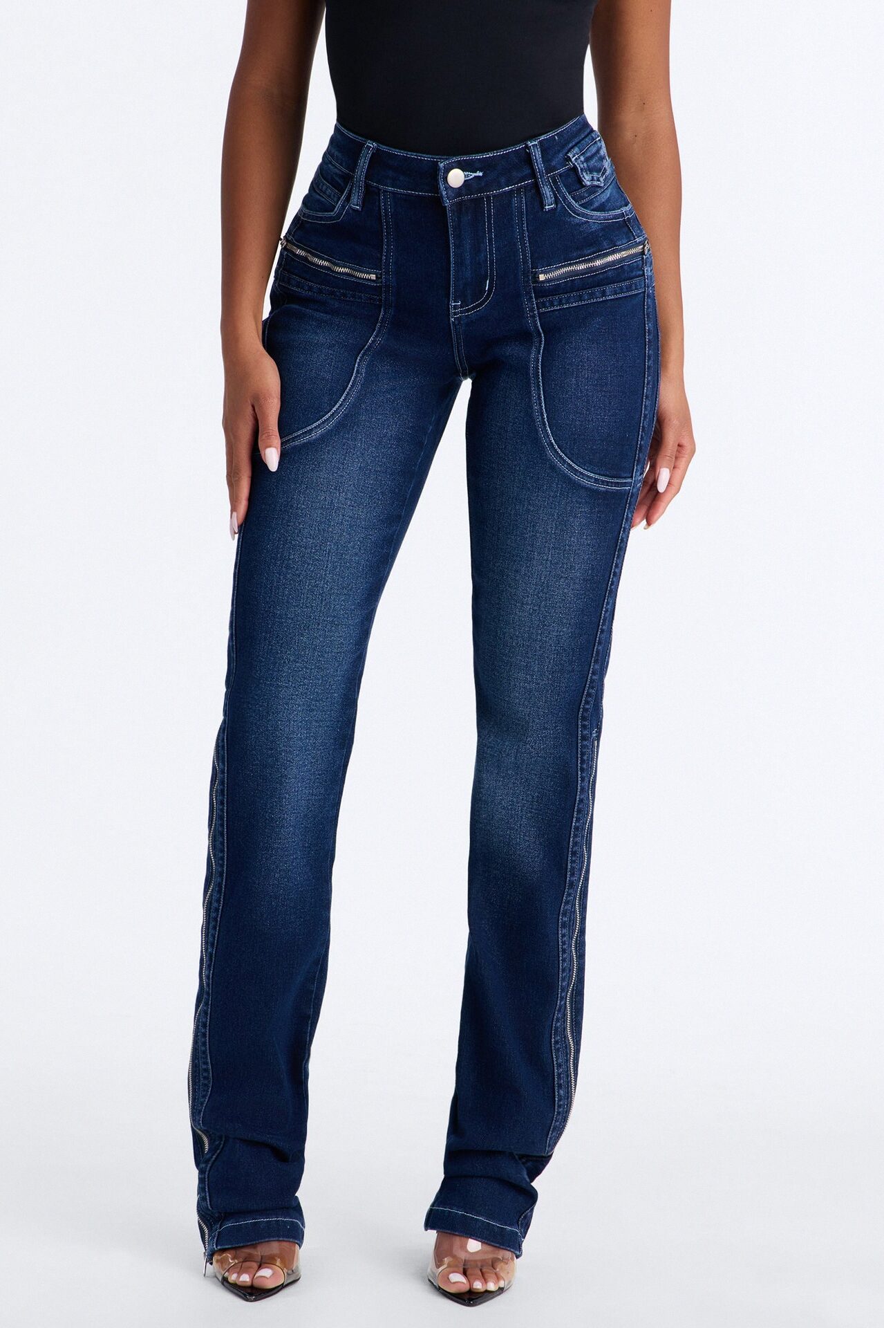 Split Decision Zipped Moto Skinny Jeans - Dark Wash
