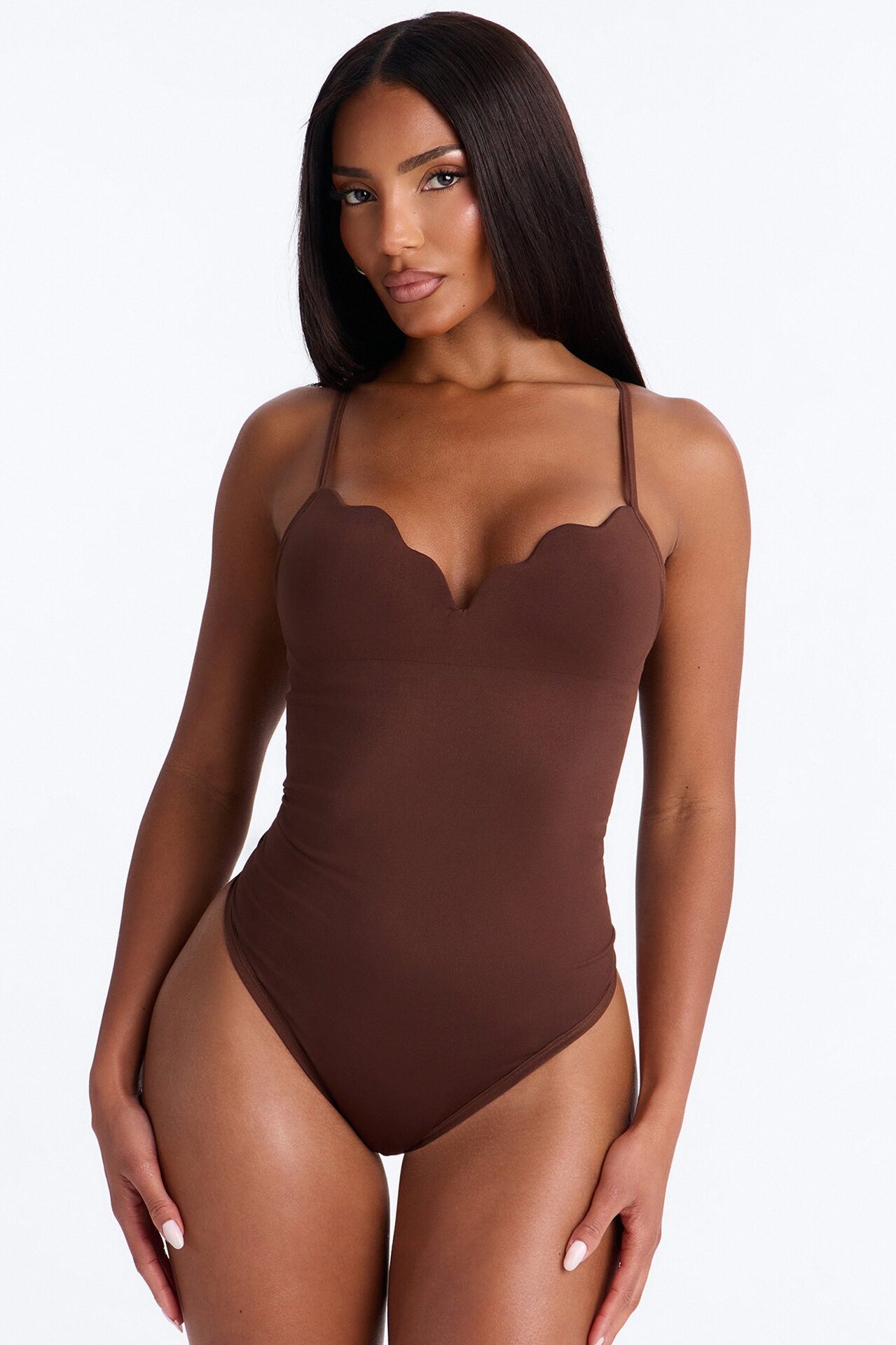 Sydney Padded Scallop Neck Seamless Bodysuit - Brown