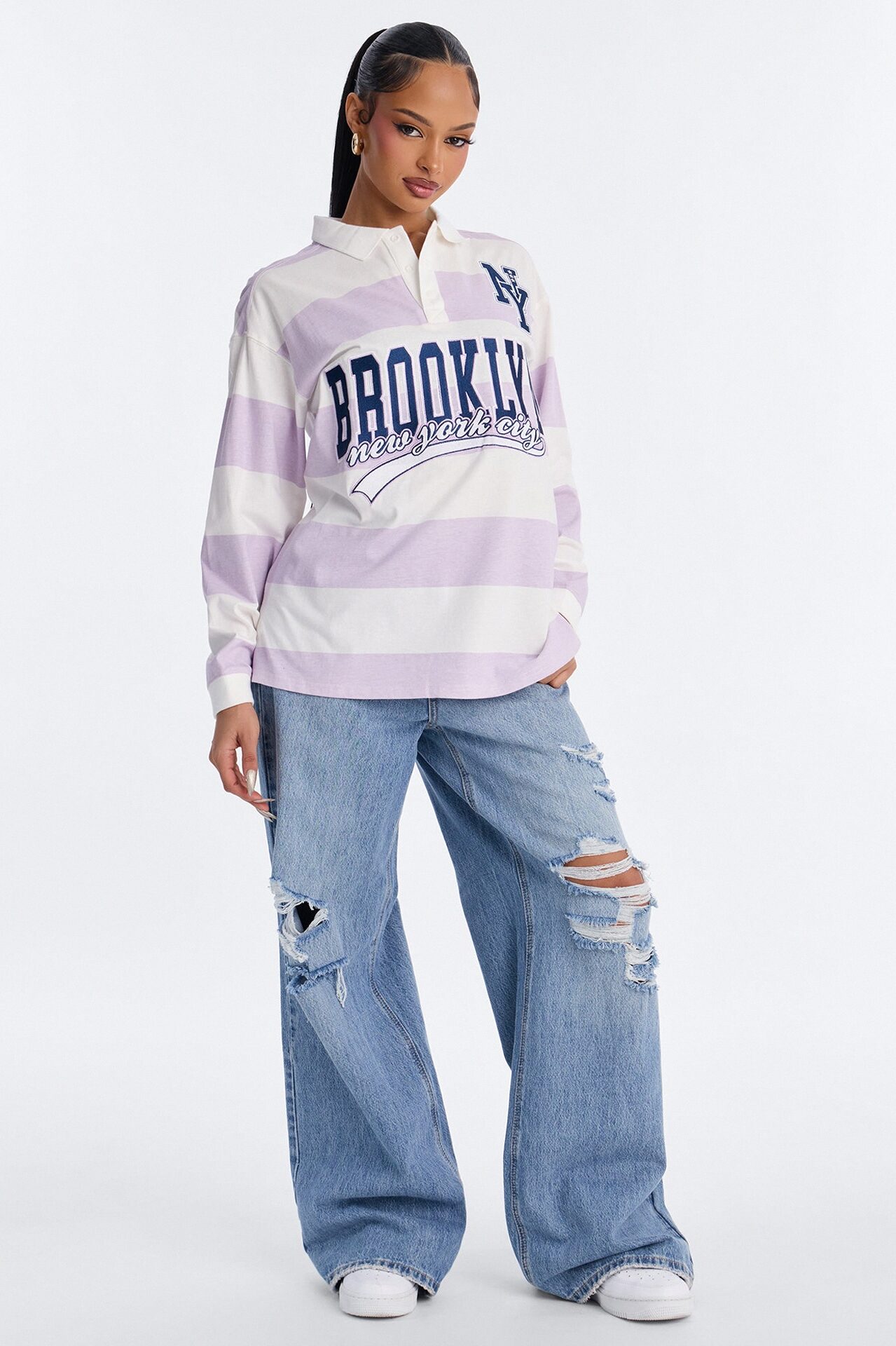 Brooklyn NY Striped Long Sleeve Polo - Lavender/combo