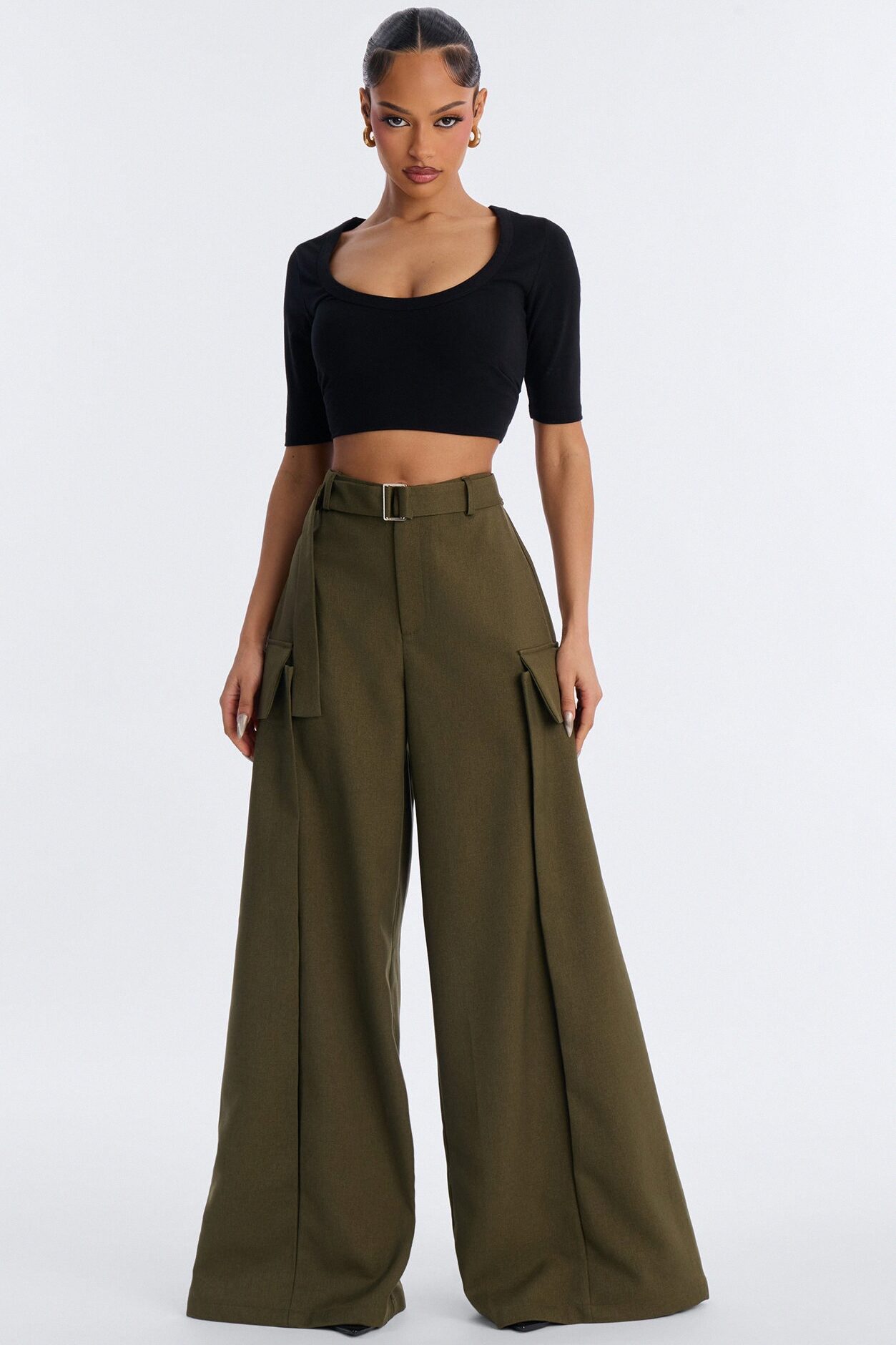 Caroline High Waisted Belted Cargo Wide Leg Trouser - Olive